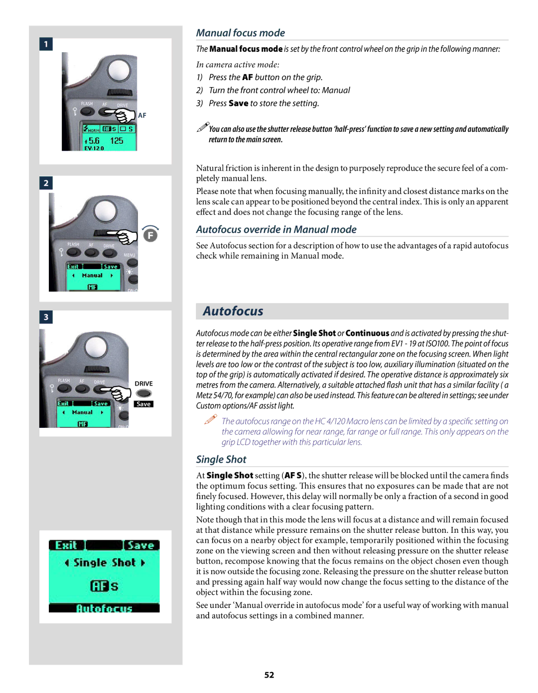 Hasselblad H2 user manual 3Autofocus, Manual focus mode, Autofocus override in Manual mode, Single Shot 