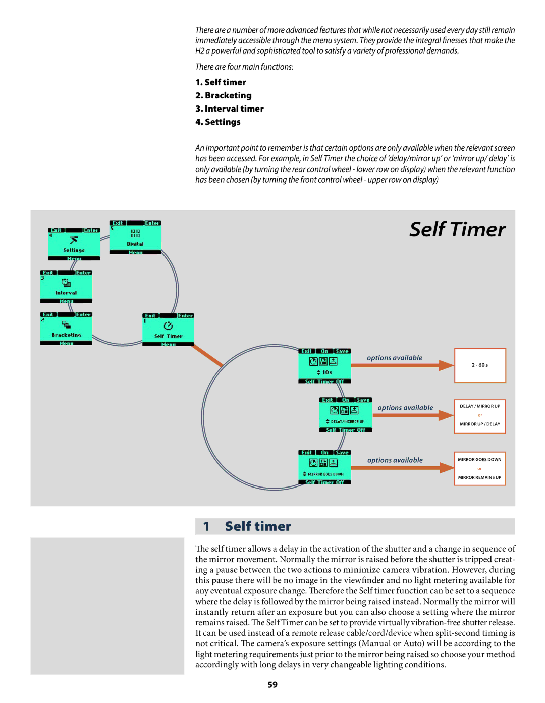 Hasselblad H2 user manual There are four main functions, Self timer Bracketing Interval timer Settings 