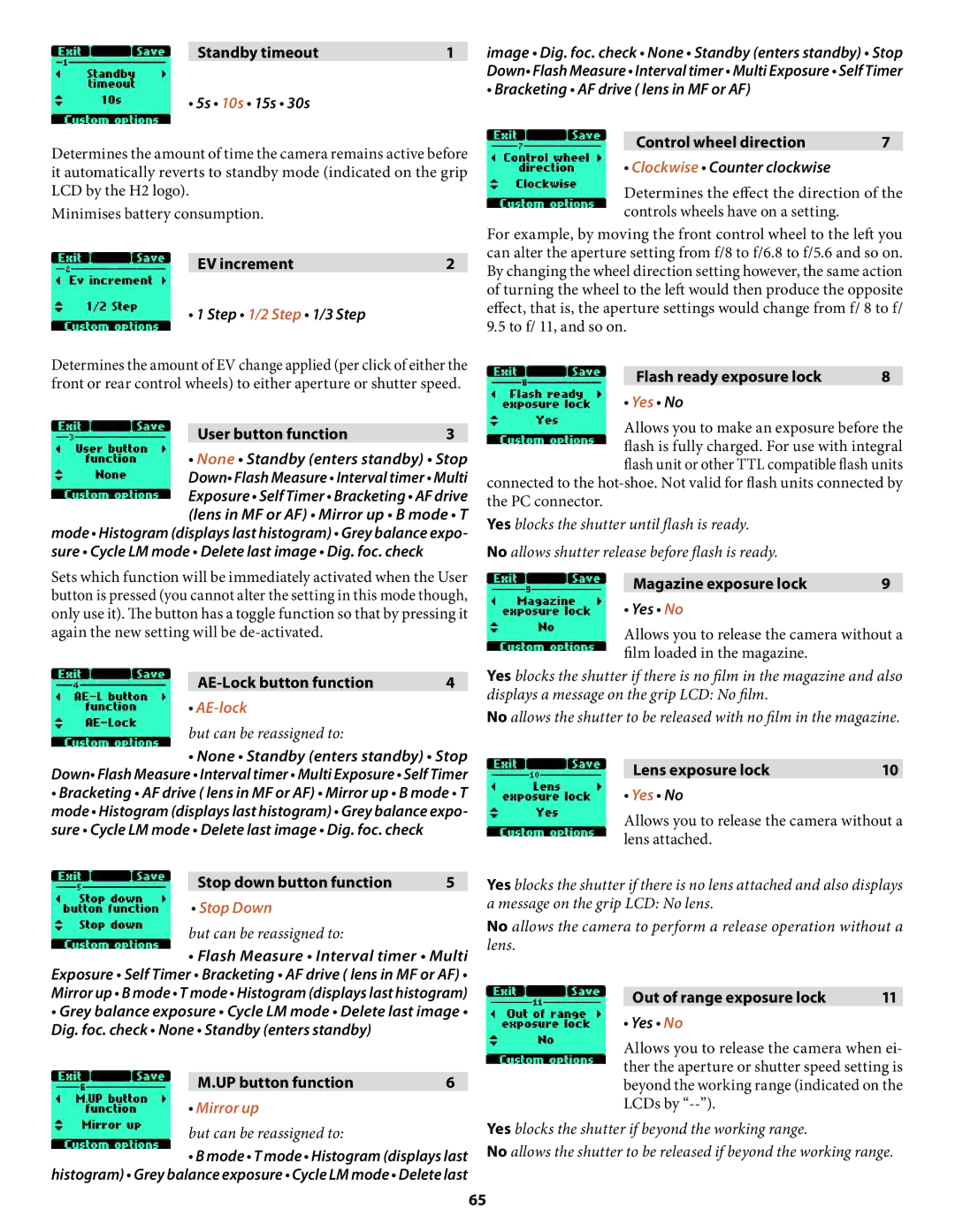 Hasselblad H2 user manual 5s 10s 15s 30s, Step, Bracketing AF drive lens in MF or AF, Clockwise Counter clockwise, Yes No 