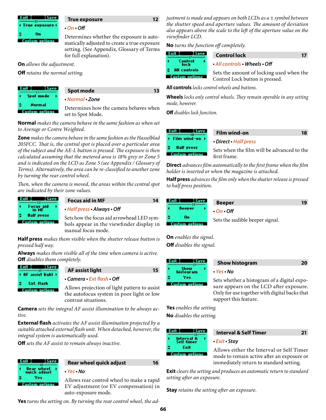 Hasselblad H2 user manual On Oﬀ, Half press Always Oﬀ, Camera Ext ﬂash Oﬀ, Direct Half press, Exit Stay 