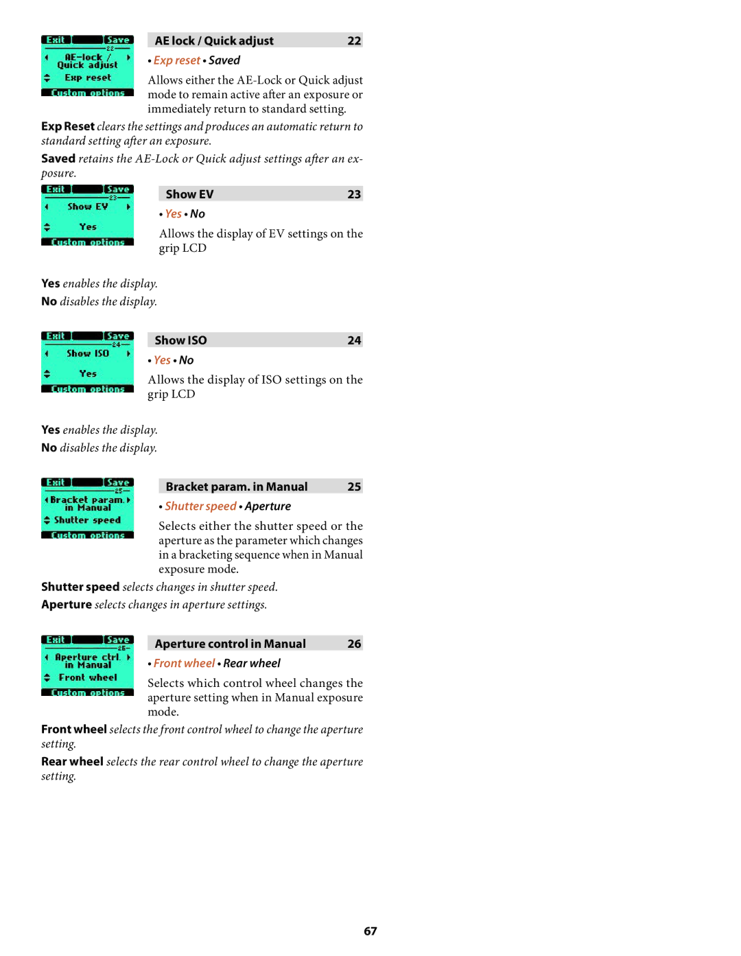 Hasselblad H2 user manual Exp reset Saved, Yes enables the display No disables the display 