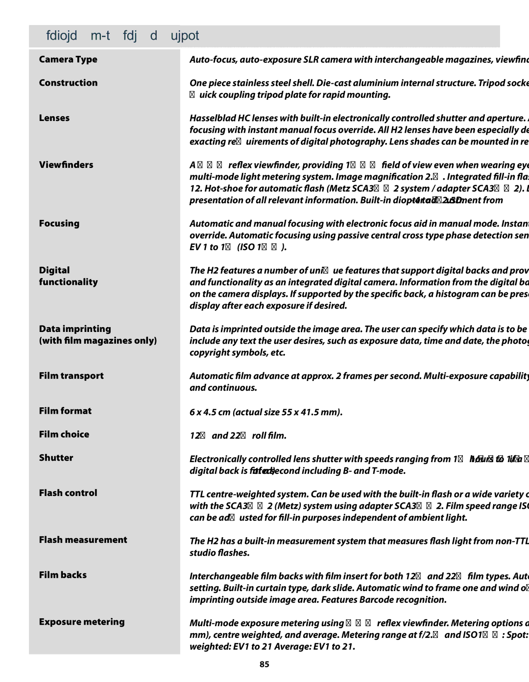 Hasselblad H2 user manual Technical speciﬁcations, Camera Type 