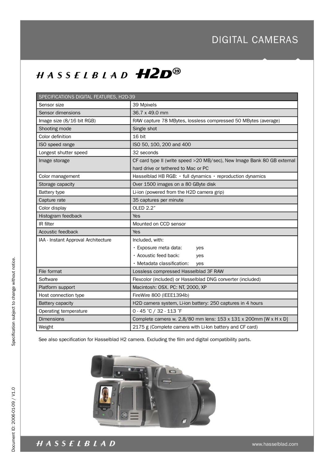 Hasselblad H2D-39 specifications Digital Cameras 