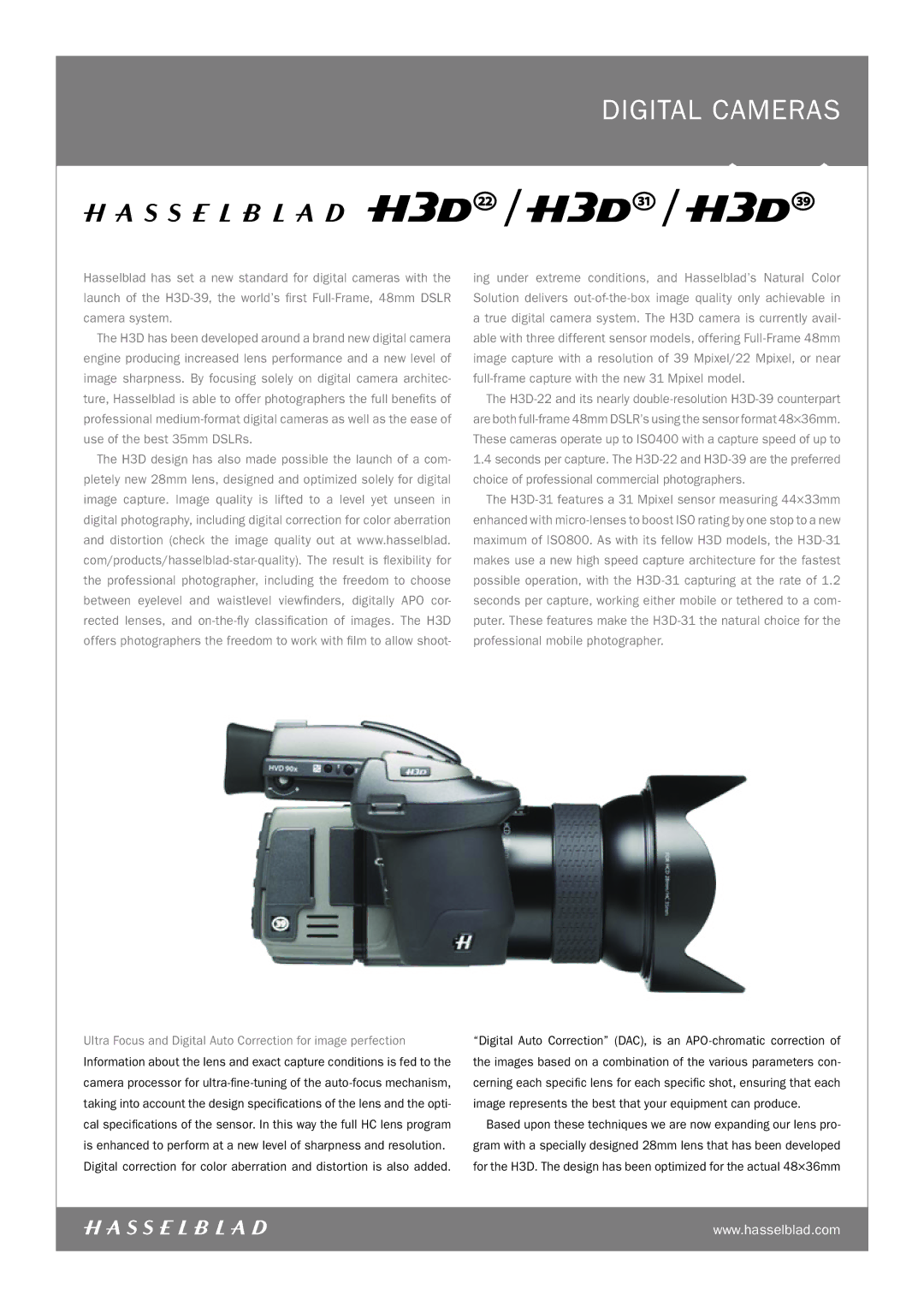 Hasselblad H3D-31, H3D-22 manual Digital Cameras 