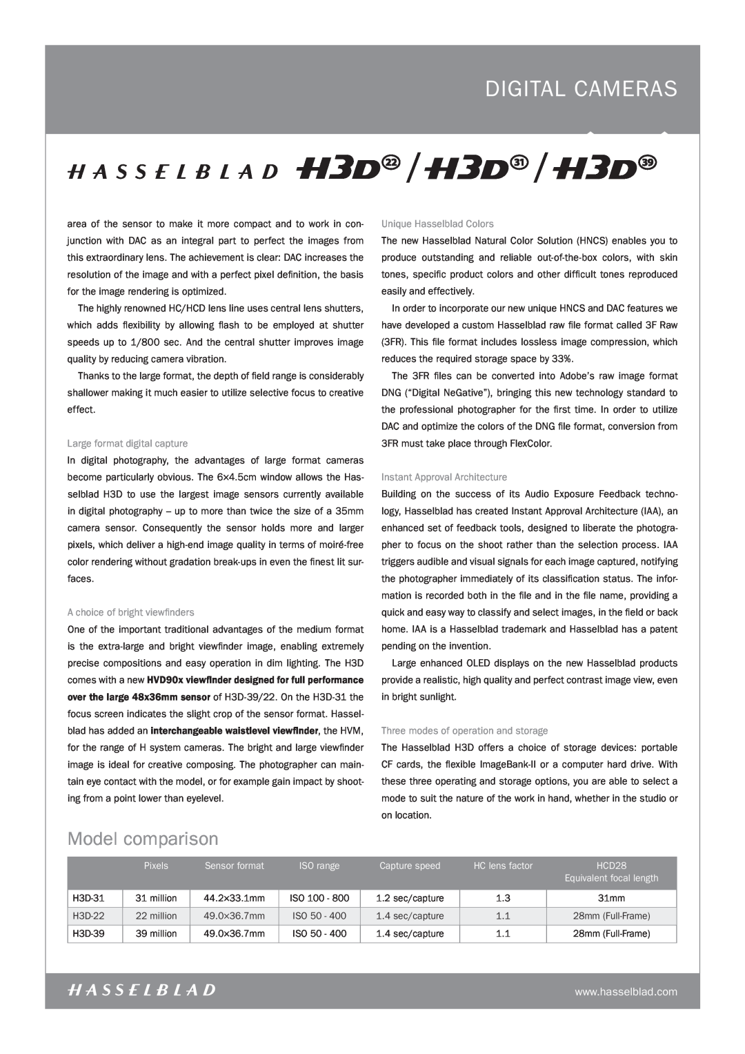 Hasselblad H3D-22, H3D-31 manual Model comparison, Pixels, Sensor format, ISO range, Capture speed, HC lens factor, HCD28 