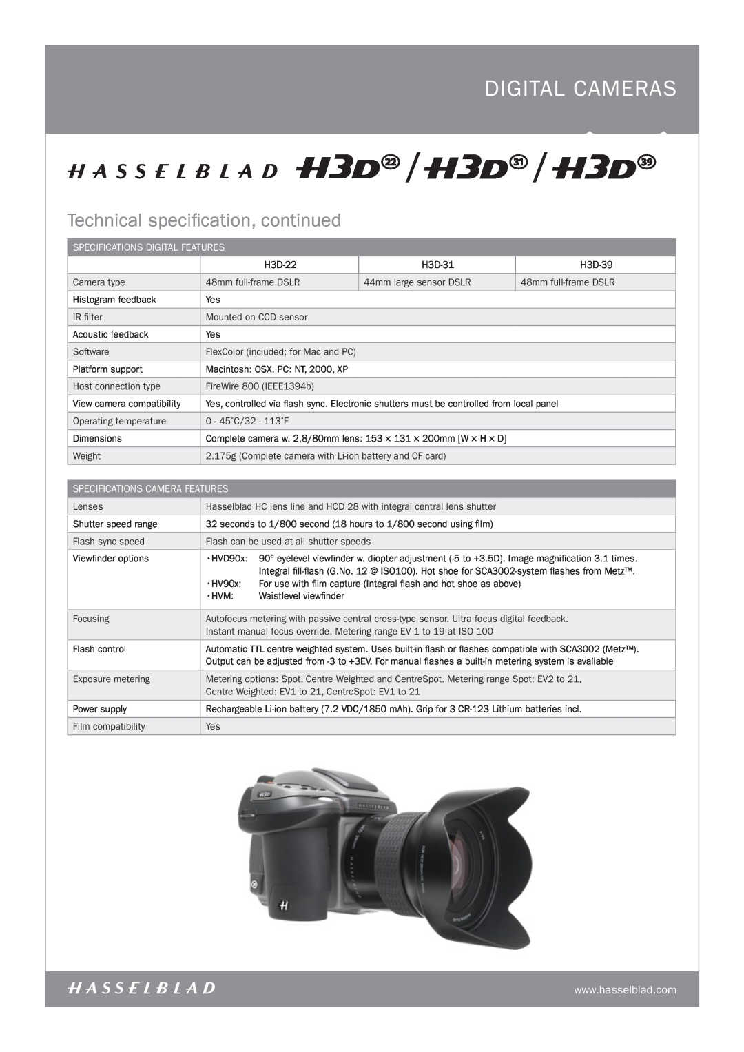 Hasselblad H3D-22, H3D-31 manual Technical specification, continued, Specifications Camera Features, digital CAMERAS 