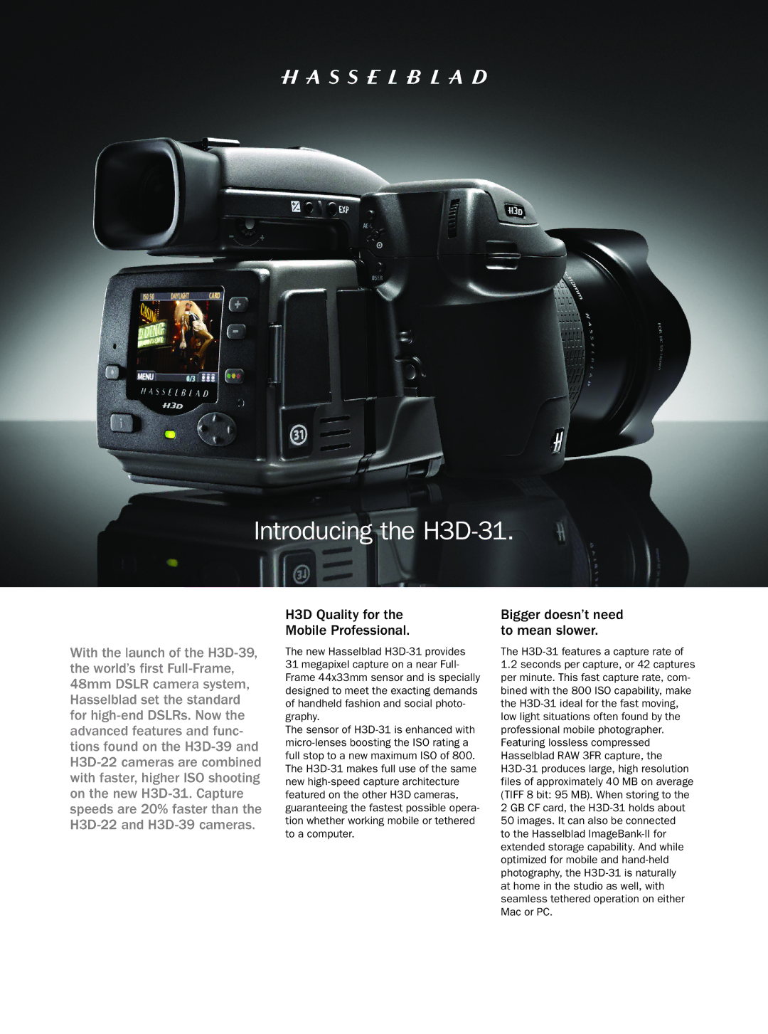 Hasselblad H3D-39 manual Introducing the H3D-31, H3D Quality for Mobile Professional, Bigger doesn’t need to mean slower 