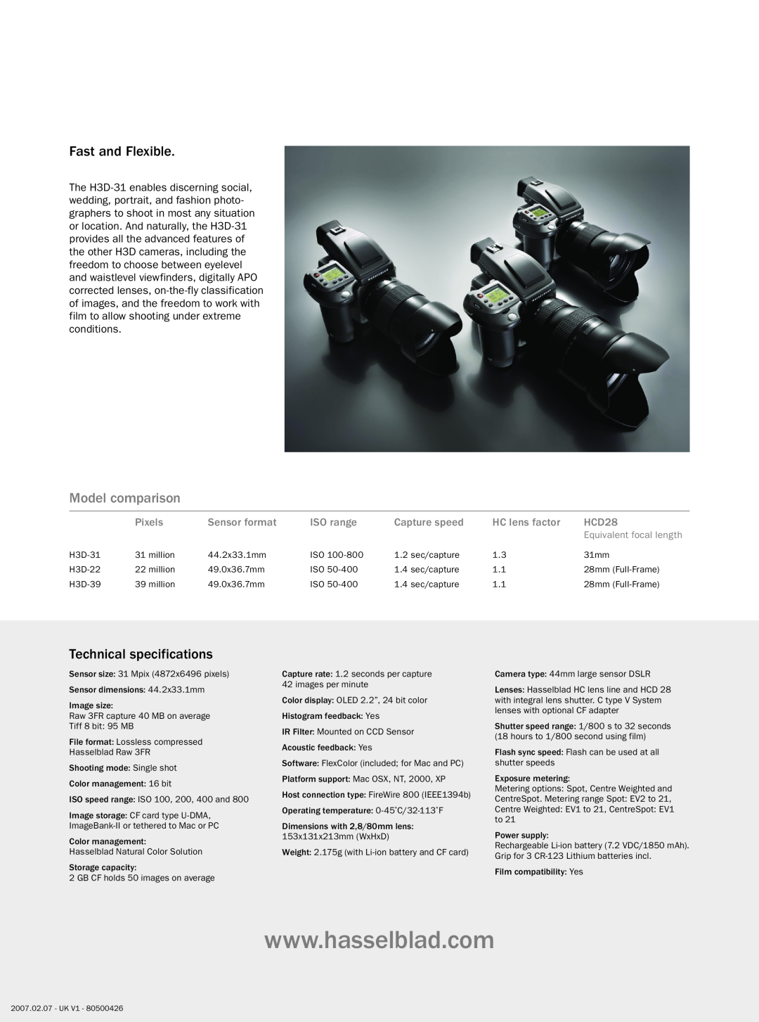 Hasselblad H3D-39 Fast and Flexible, Technical specifications, Model comparison, Pixels, Sensor format, ISO range, HCD28 