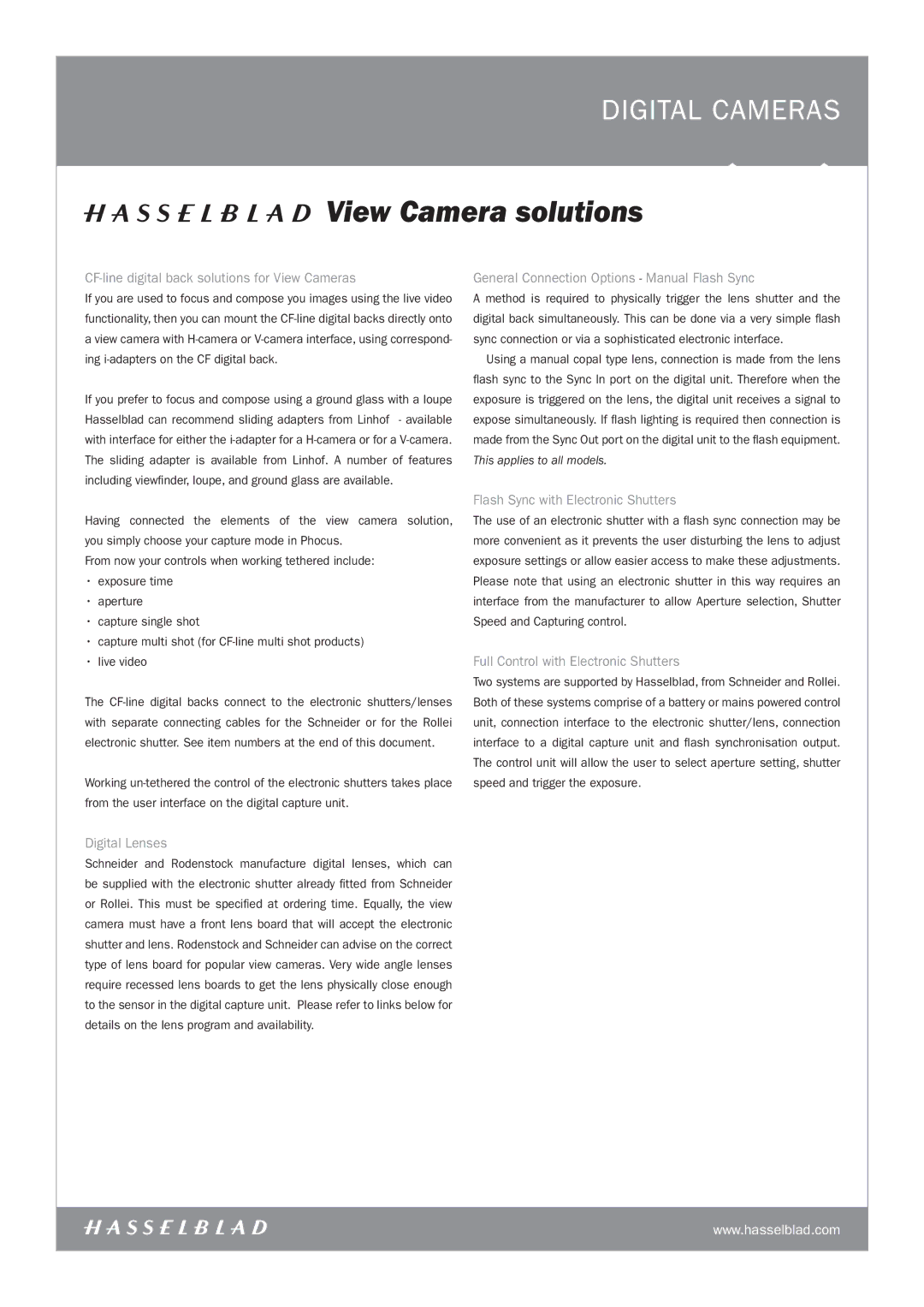 Hasselblad CF-MS, H3DII manual CF-line digital back solutions for View Cameras, General Connection Options Manual Flash Sync 