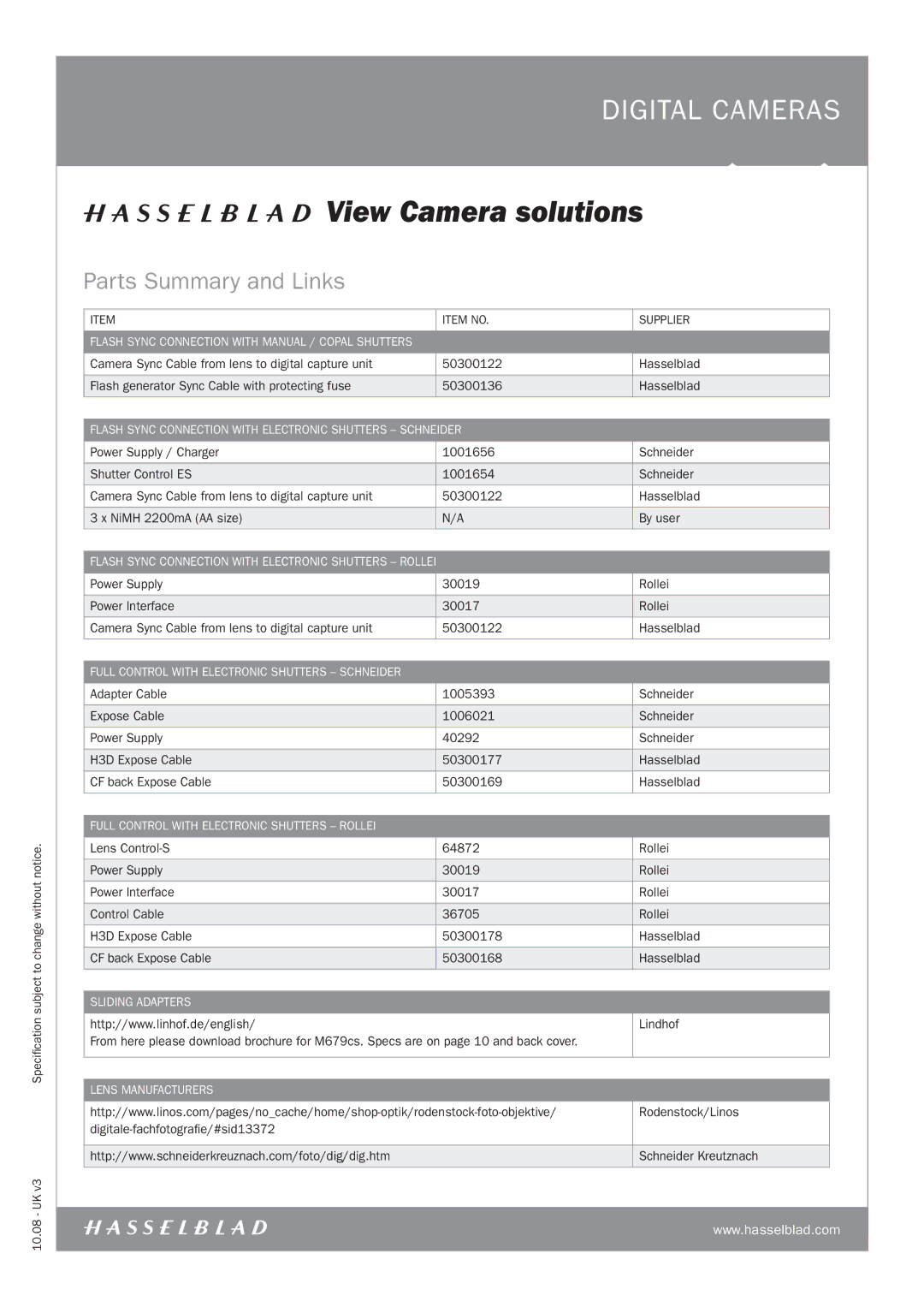 Hasselblad H3dii-MS, H3DII, 503CWD, CF-MS Parts Summary and Links, Flash Sync Connection with Manual / Copal Shutters 