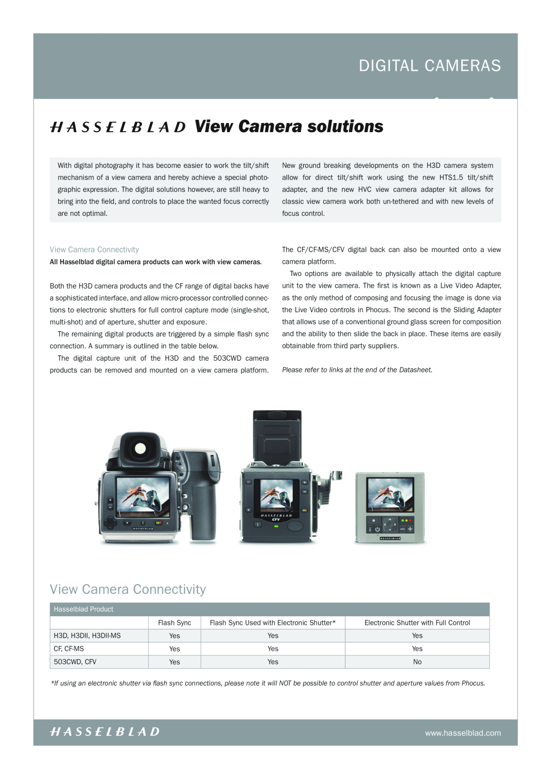 Hasselblad H3dii-MS, H3DII, CF manual View Camera solutions, digital CAMERAS, View Camera Connectivity, Hasselblad Product 