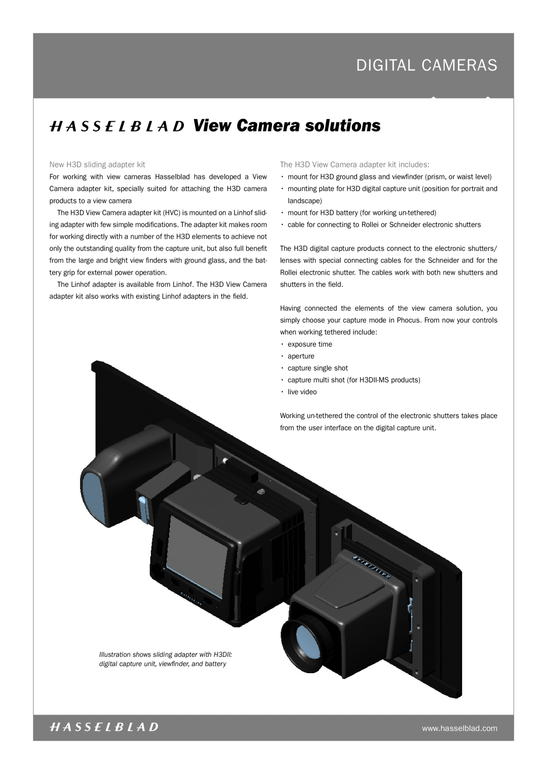 Hasselblad CF, H3DII, H3dii-MS New H3D sliding adapter kit, The H3D View Camera adapter kit includes, View Camera solutions 