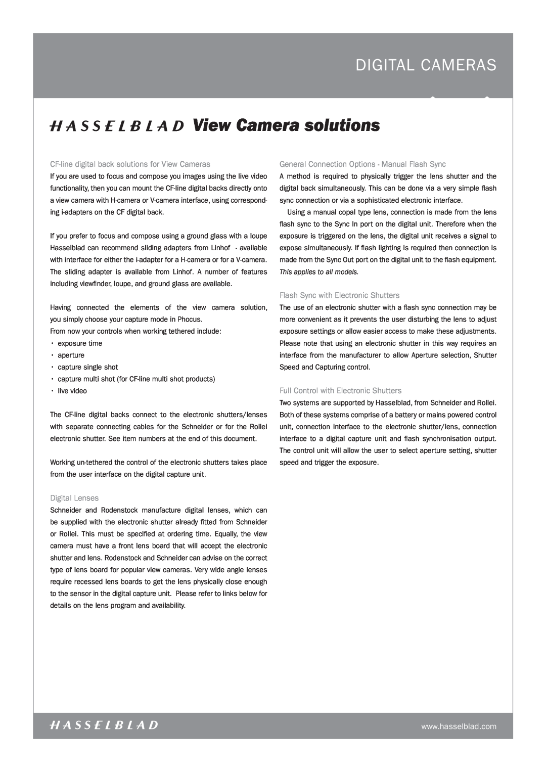 Hasselblad CF-MS, H3DII CF-line digital back solutions for View Cameras, General Connection Options - Manual Flash Sync 