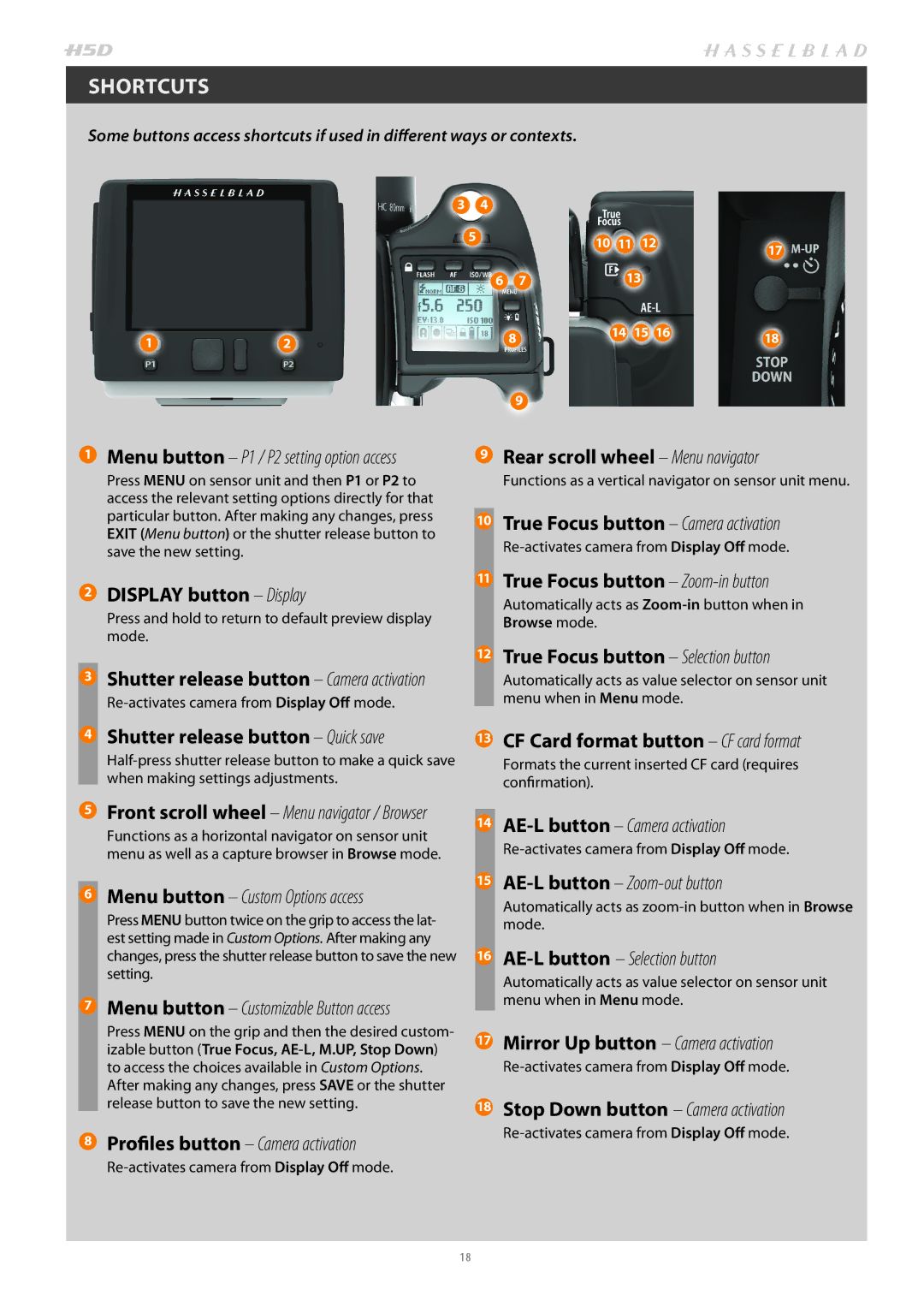 Hasselblad H4D200MS user manual Shortcuts, Menu button P1 / P2 setting option access 