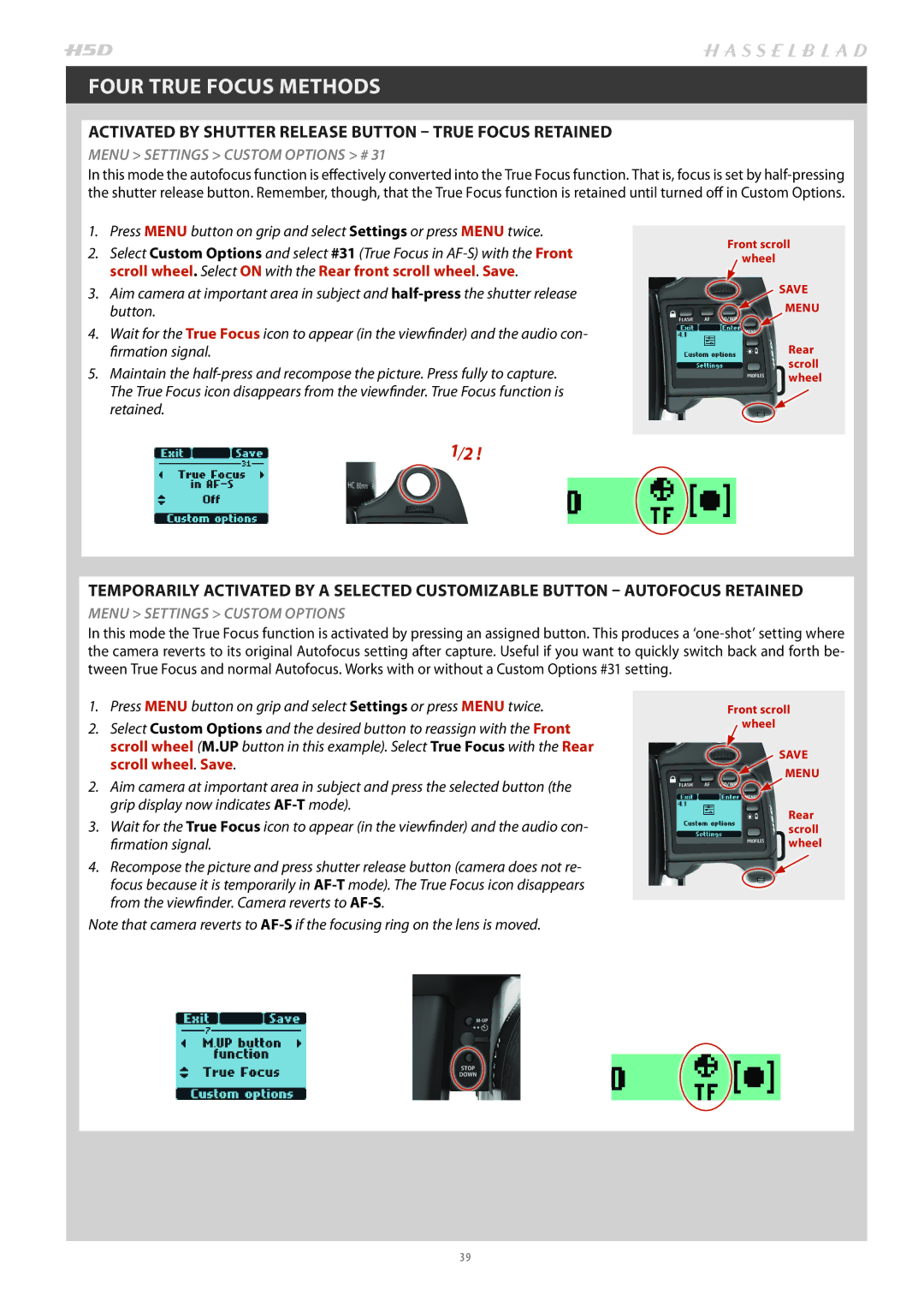 Hasselblad H4D200MS user manual Four True Focus Methods, Activated by Shutter Release Button True Focus Retained 