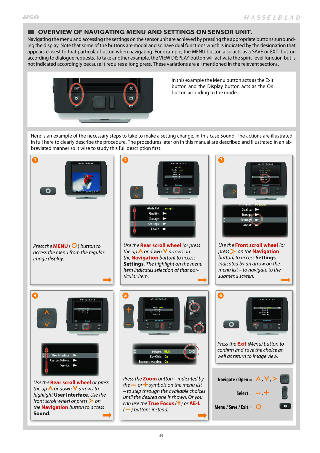 Hasselblad H4D200MS user manual  OVERVIEW of Navigating Menu and Settings on Sensor Unit, Sound. 