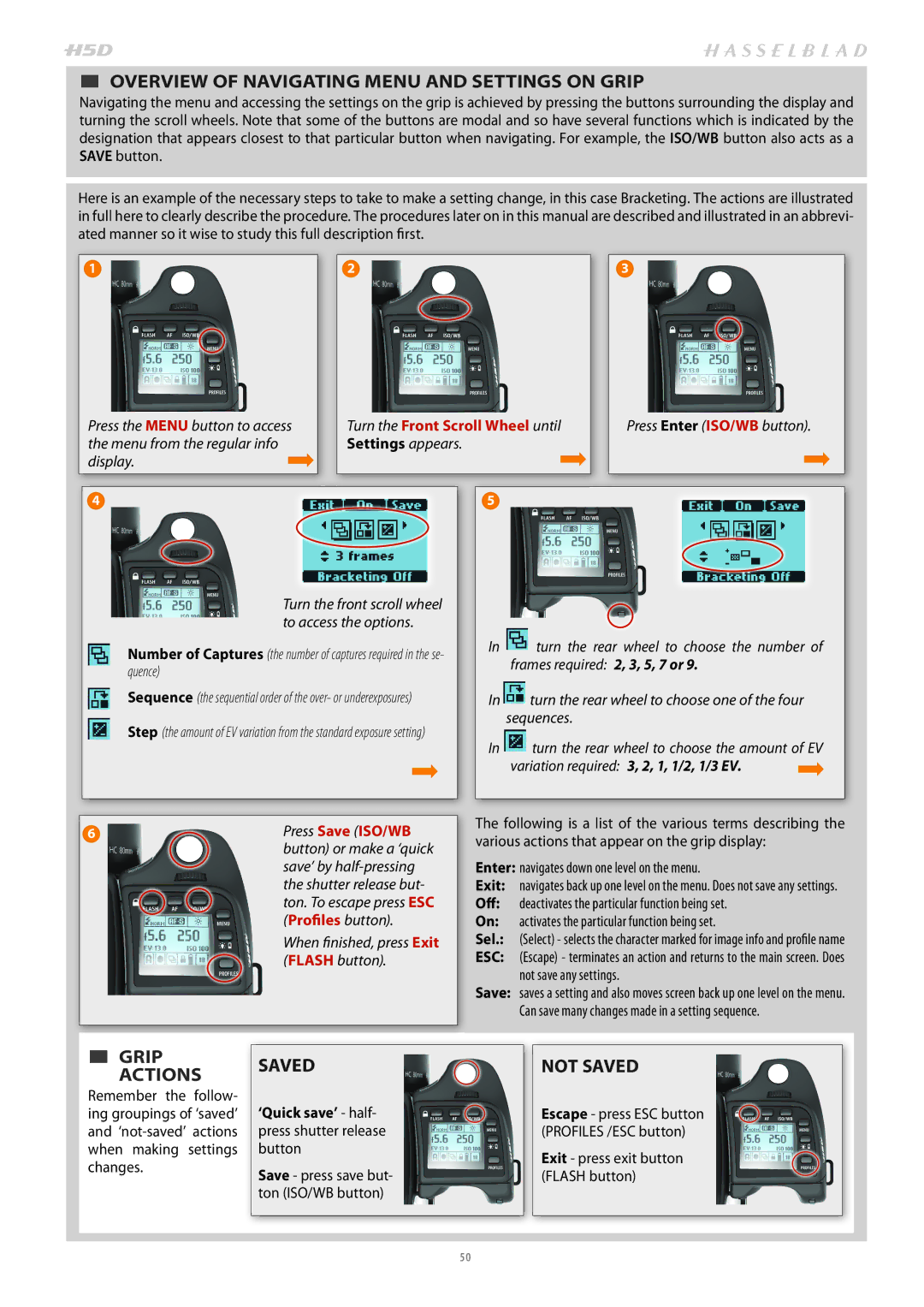 Hasselblad H4D200MS user manual  OVERVIEW of Navigating Menu and Settings on Grip, Not Saved 