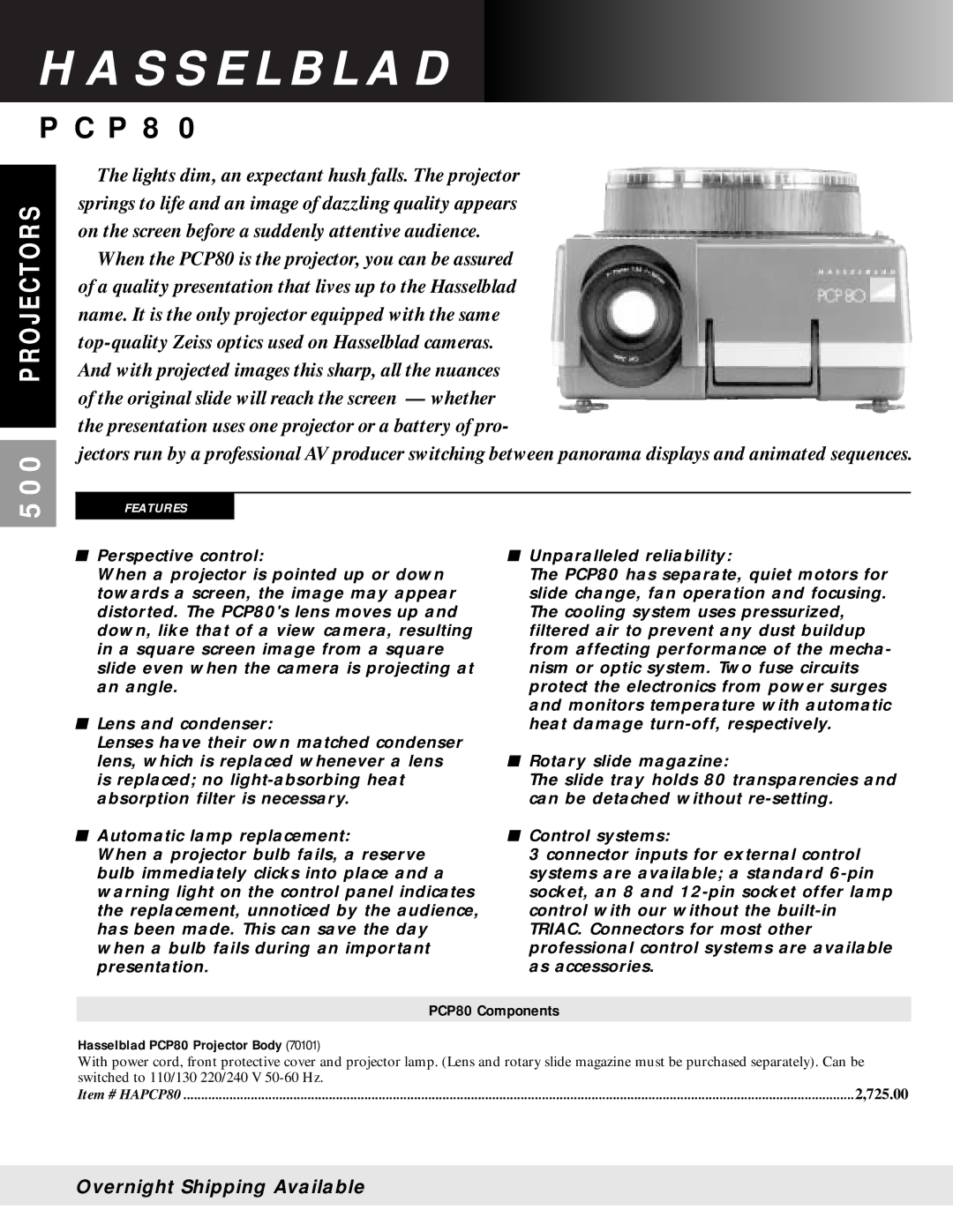 Hasselblad PCP 80 manual S S E L B L a D, 500, PCP80 Components, Hasselblad PCP80 Projector Body 