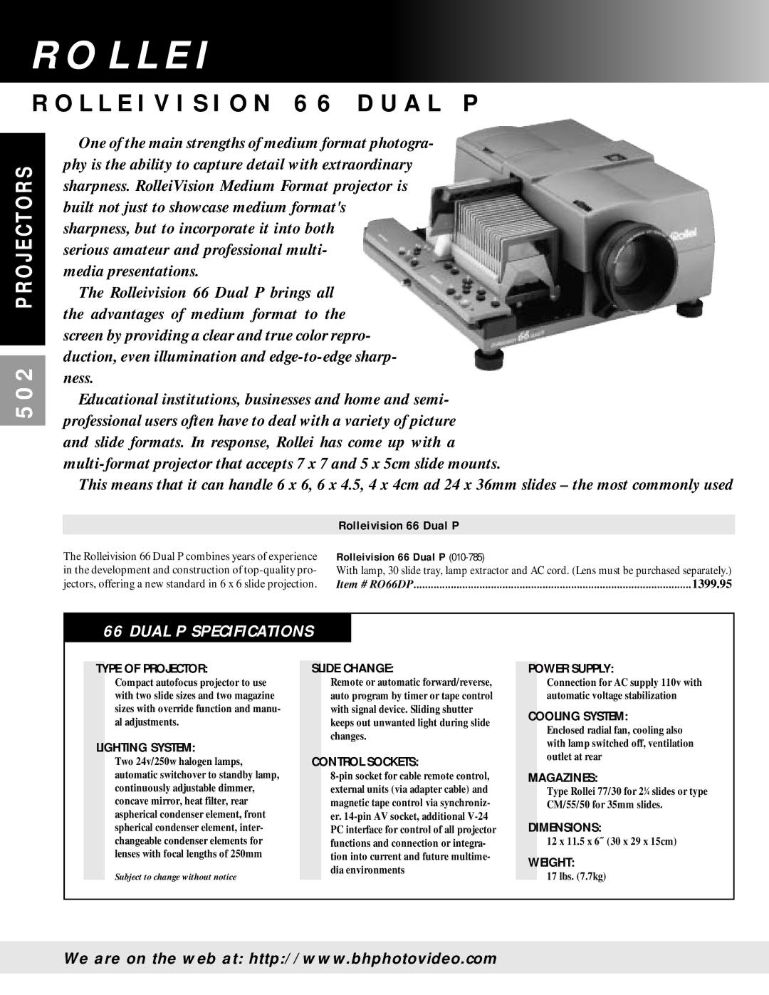 Hasselblad PCP 80 manual L L E I V I S I O N 6 6 D U a L P, 502, Dual P Specifications, Rolleivision 66 Dual P 