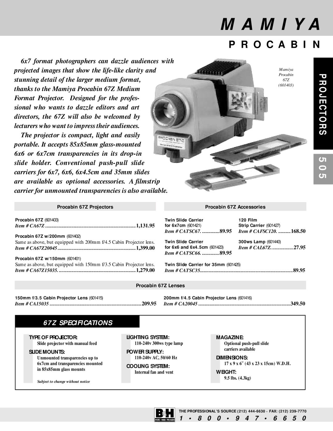 Hasselblad PCP 80 manual M I Y a, 505, 67Z Specifications, Procabin 67Z Accessories, Procabin 67Z Lenses 