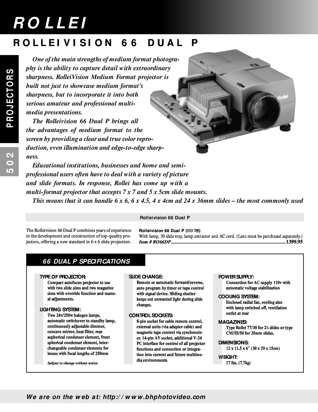 Hasselblad PCP 80 manual R O L L E I V I S I O N 6 6 D U A L P, Dual P Specifications, P R O J E C T O R S 