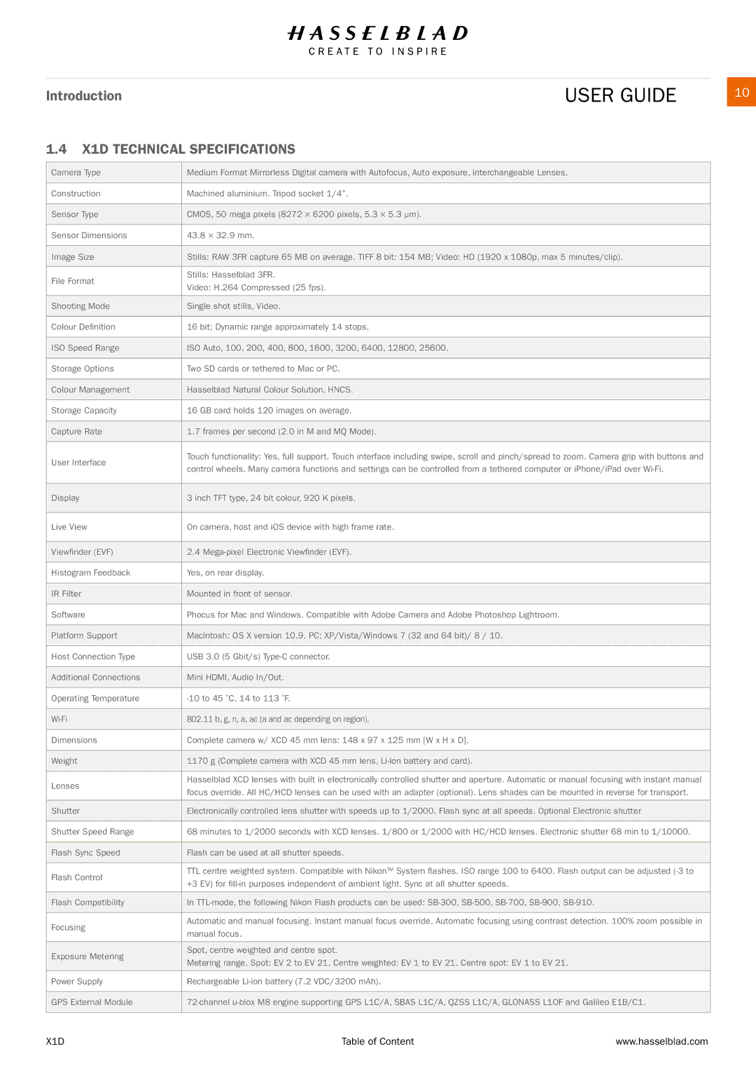 Hasselblad manual X1D Technical Specifications 