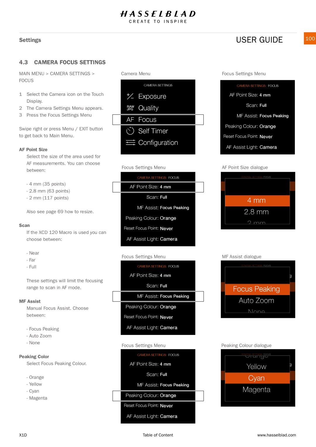 Hasselblad X1D manual Camera Focus Settings, 100, Main Menu Camera Settings Focus 