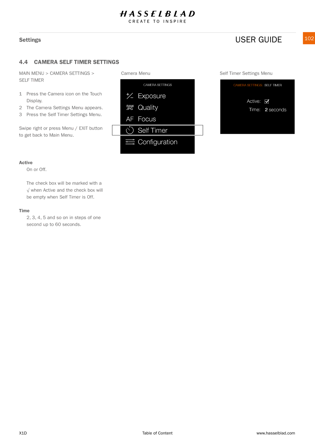 Hasselblad X1D manual Camera Self Timer Settings, 102, Main Menu Camera Settings Self Timer, Self Timer Settings Menu 