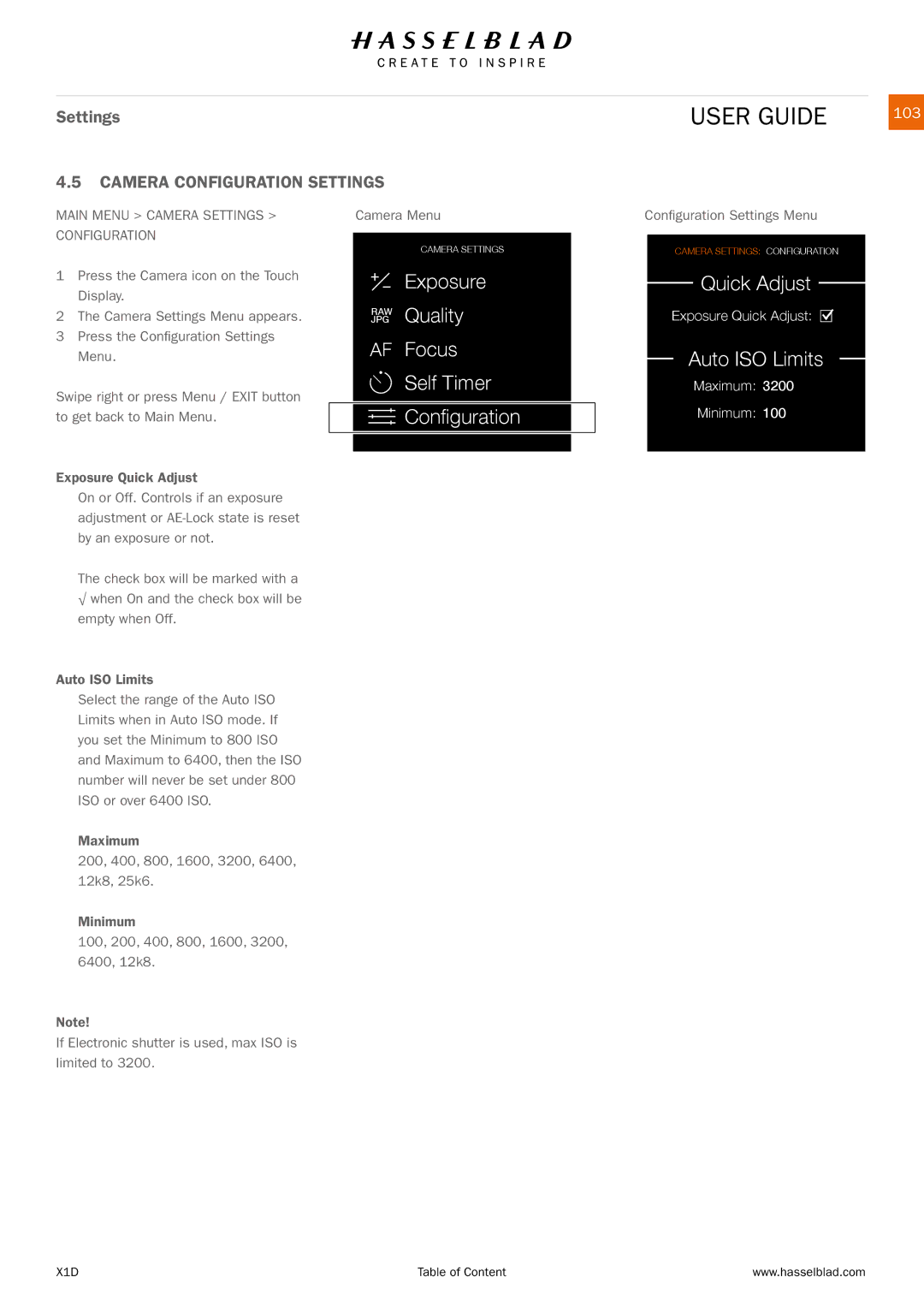 Hasselblad X1D Camera Configuration Settings, 103, Main Menu Camera Settings Configuration, Configuration Settings Menu 