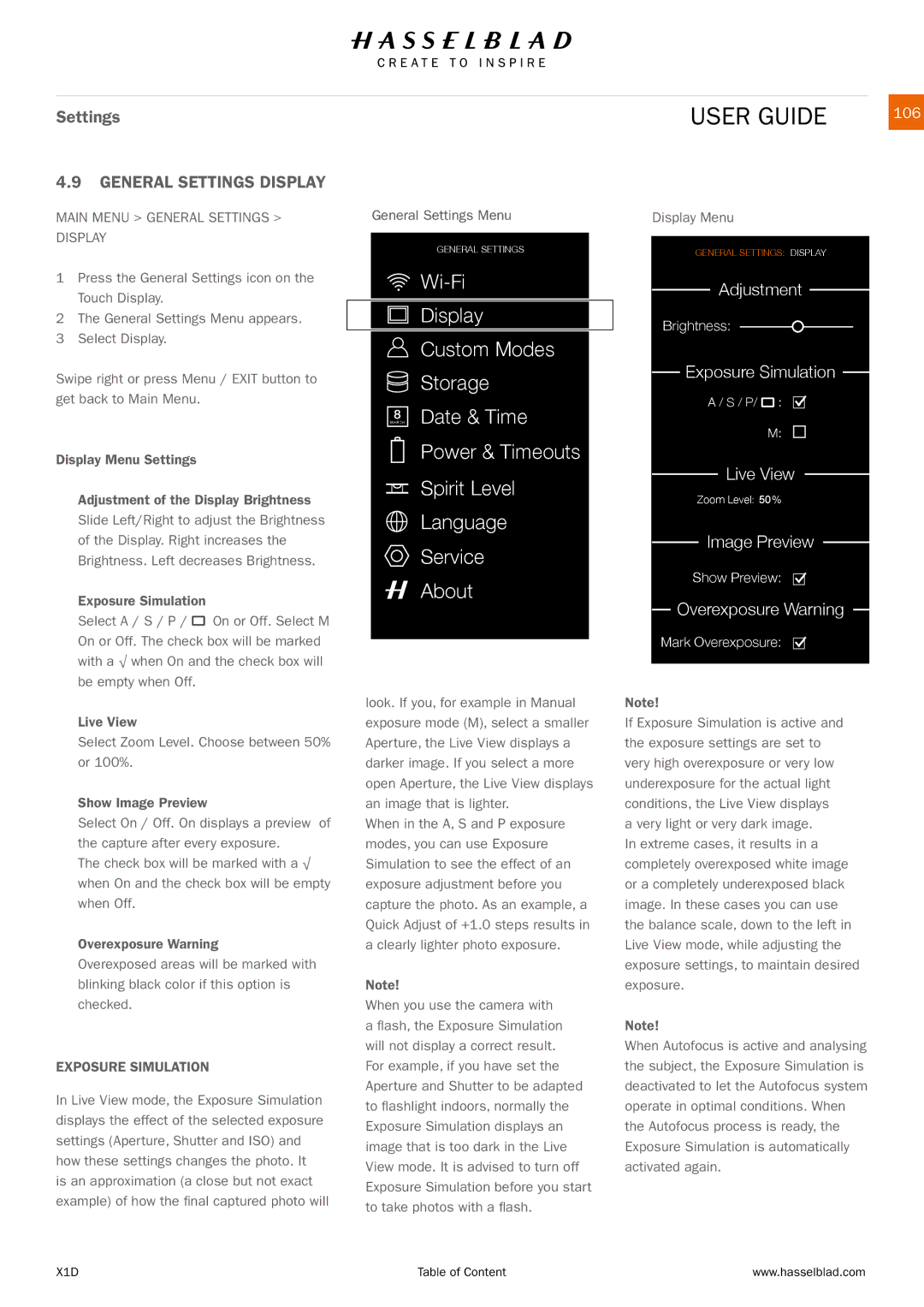 Hasselblad X1D manual 106, Main Menu General Settings Display, Exposure Simulation 