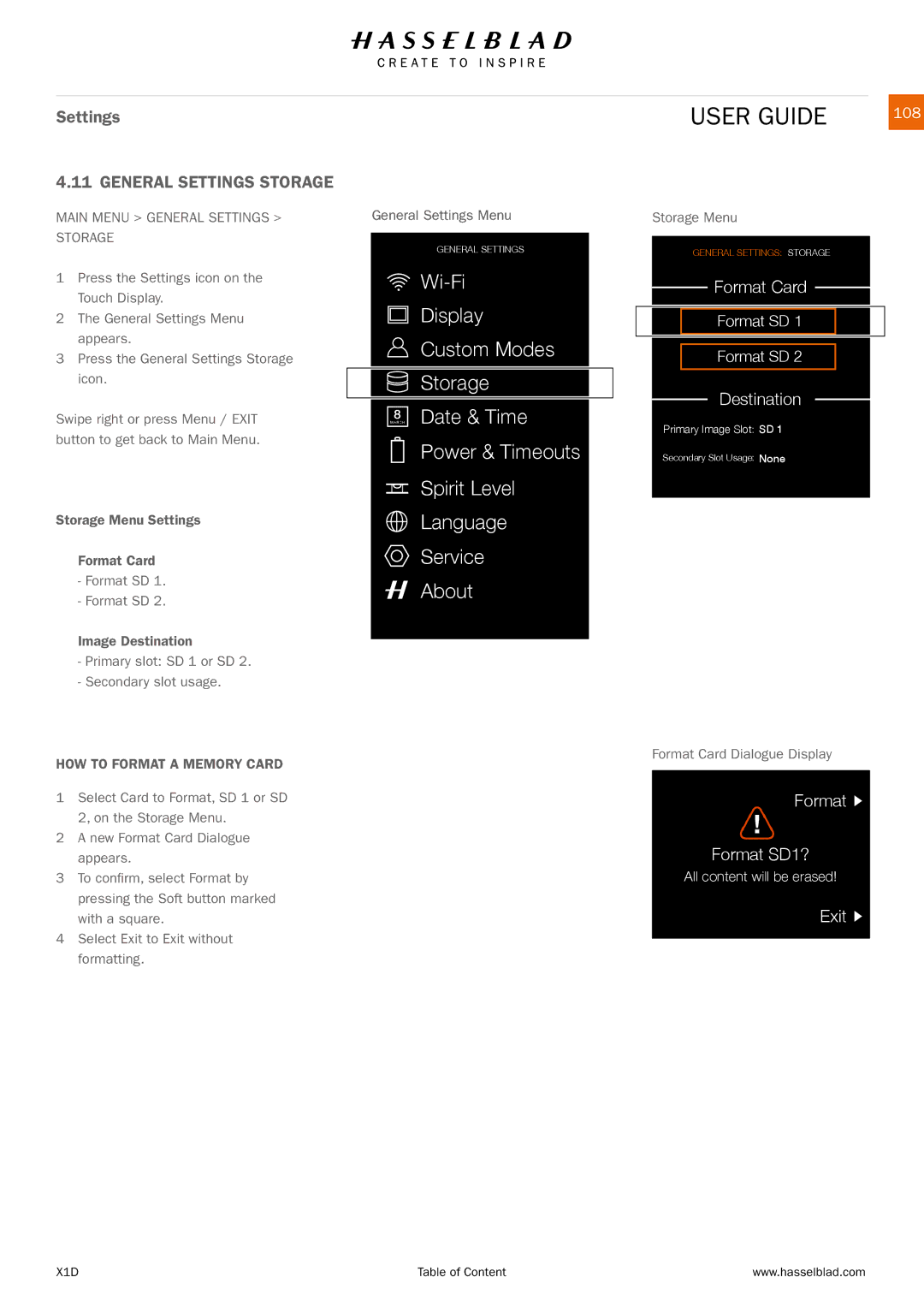 Hasselblad X1D manual 108, Main Menu General Settings Storage, HOW to Format a Memory Card 