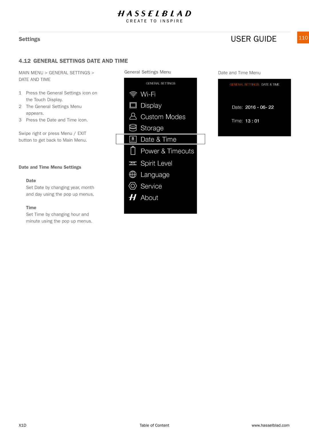 Hasselblad X1D manual 110, Main Menu General Settings Date and Time, Date and Time Menu 