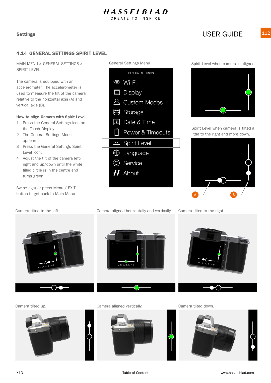 Hasselblad X1D manual 112, Main Menu General Settings Spirit Level 