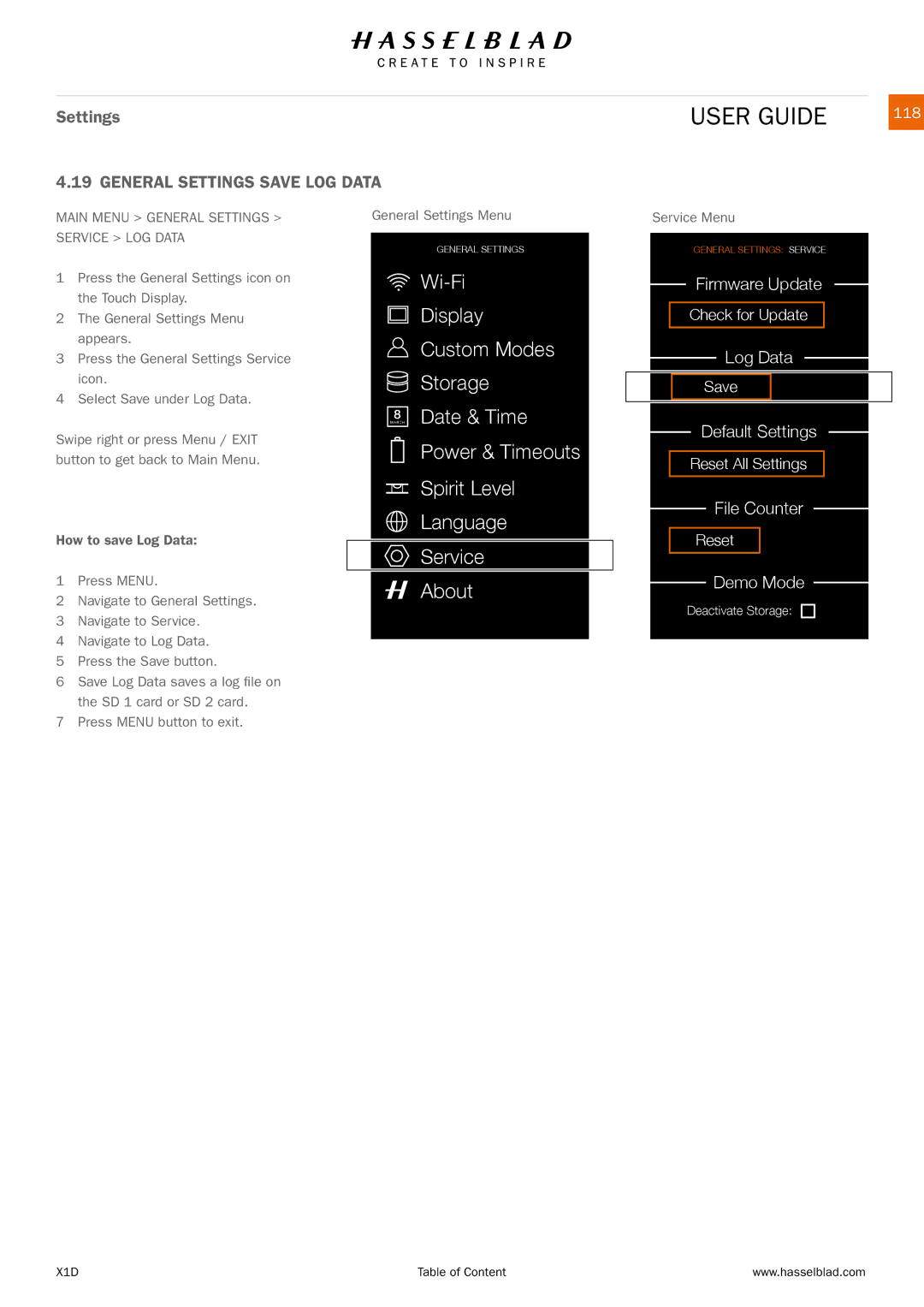 Hasselblad X1D manual General Settings Save LOG Data, 118, Main Menu General Settings Service LOG Data 