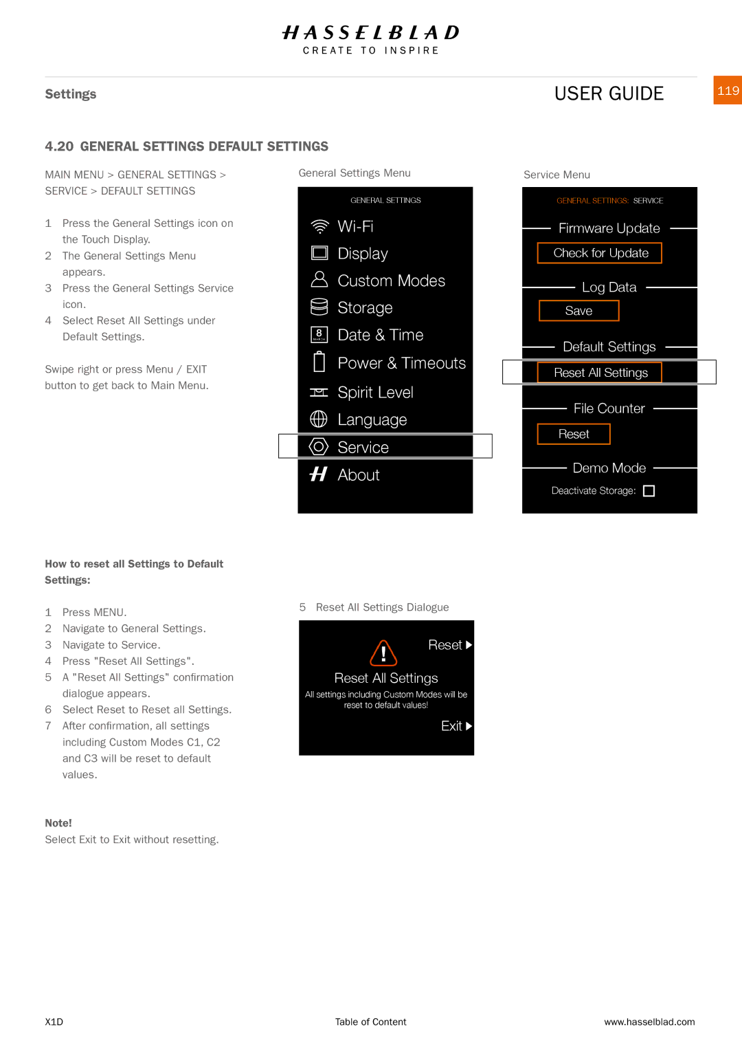 Hasselblad X1D manual General Settings Default Settings, 119, Main Menu General Settings Service Default Settings 