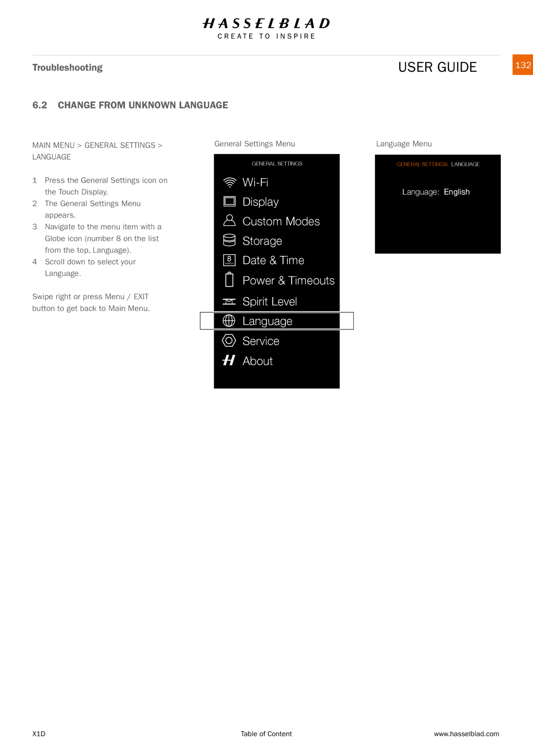 Hasselblad X1D manual Change from Unknown Language, 132 