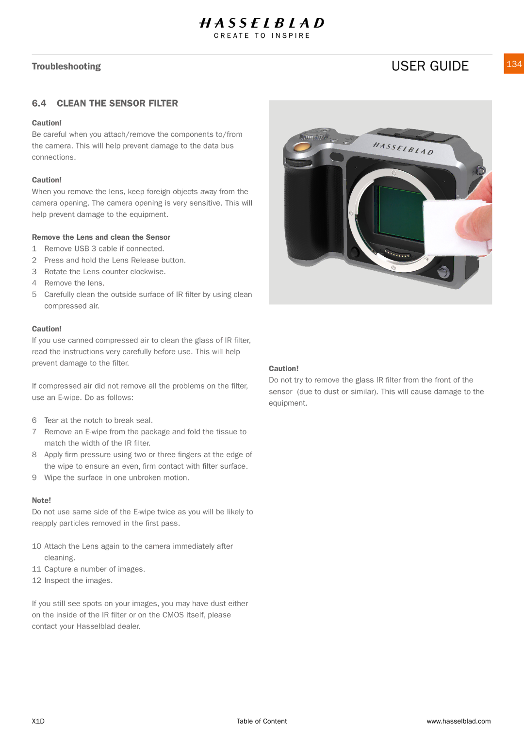 Hasselblad X1D manual Clean the Sensor Filter, 134 