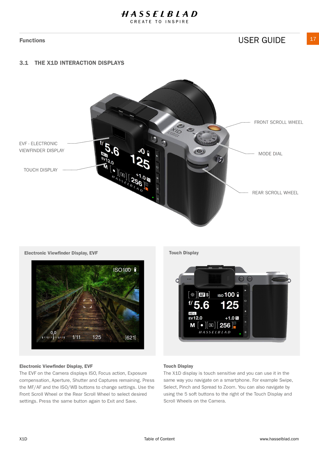 Hasselblad manual X1D Interaction Displays, EVF Electronic Viewfinder Display Mode Dial Touch Display 