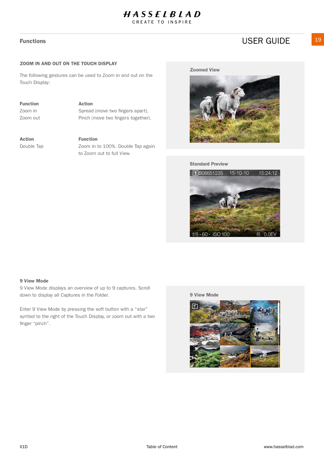 Hasselblad X1D manual Zoom in and OUT on the Touch Display 