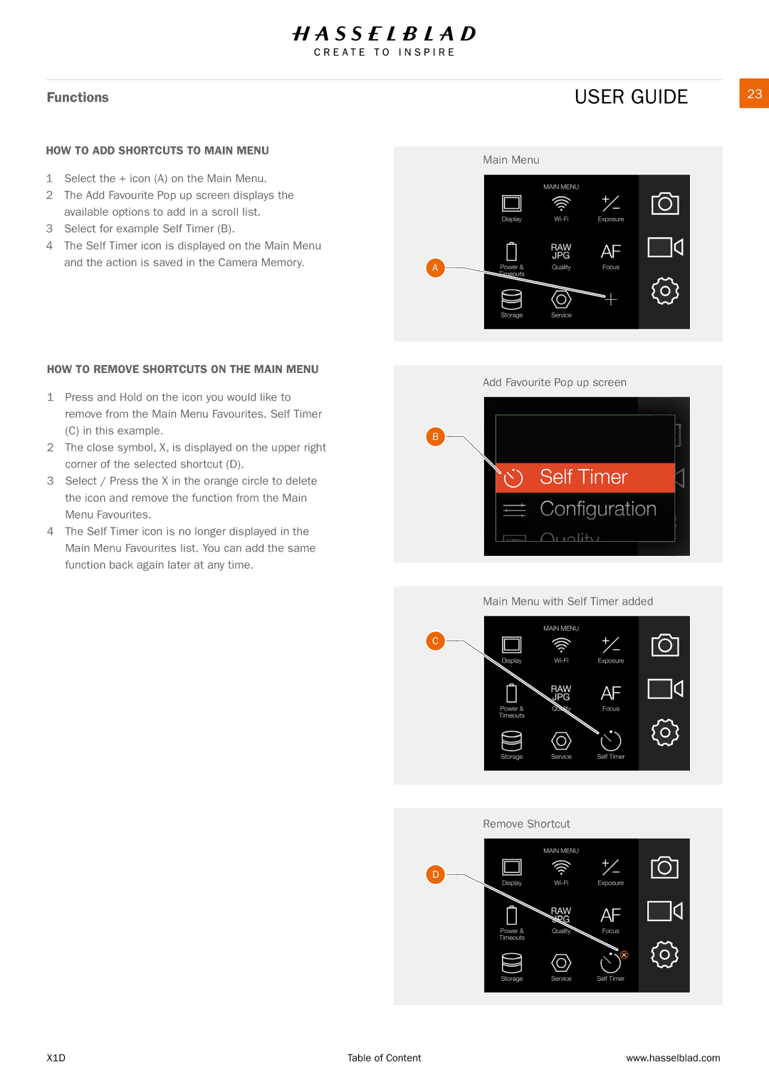 Hasselblad X1D manual HOW to ADD Shortcuts to Main Menu, HOW to Remove Shortcuts on the Main Menu 