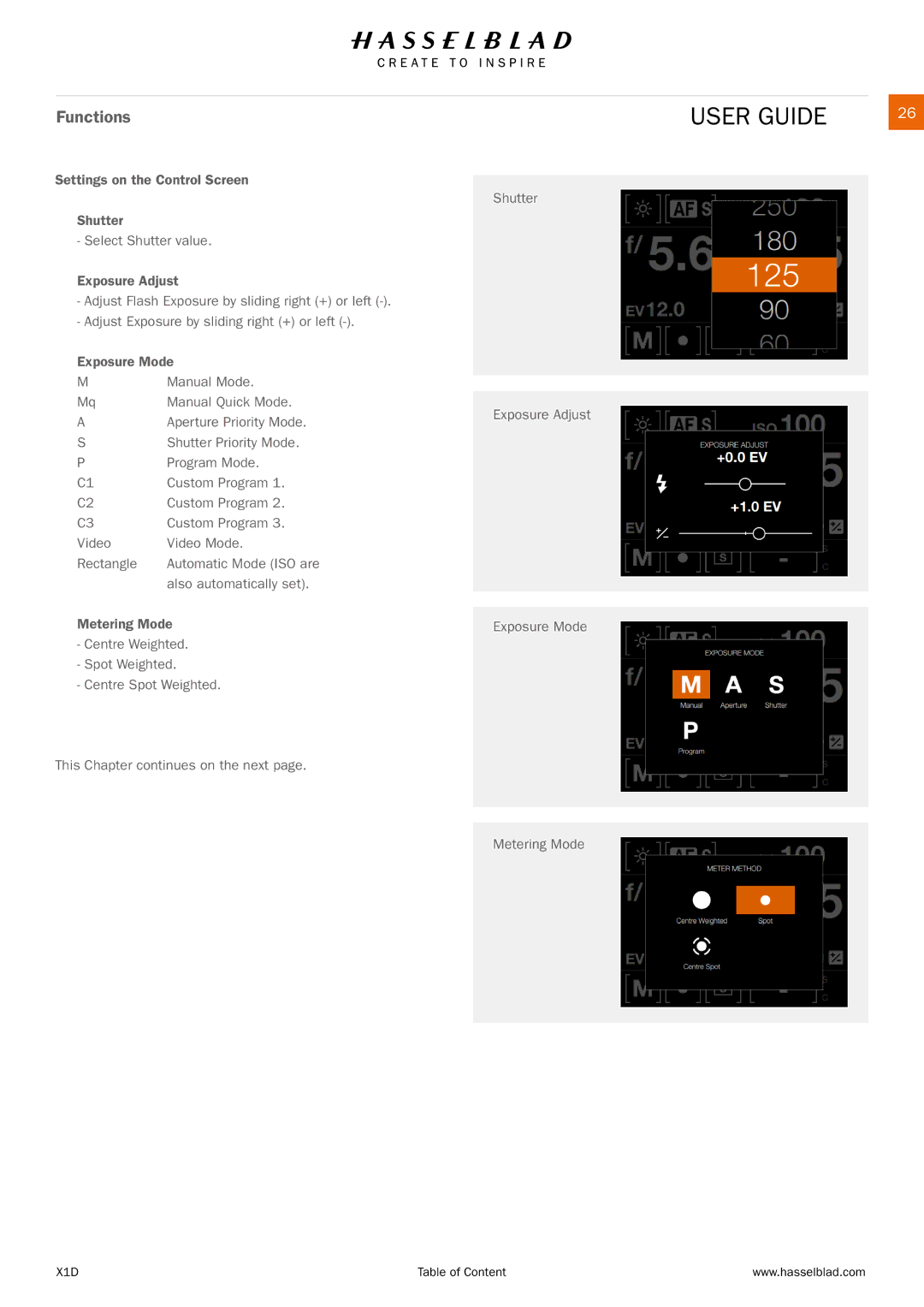 Hasselblad X1D manual Also automatically set, Shutter Exposure Adjust Exposure Mode Metering Mode 