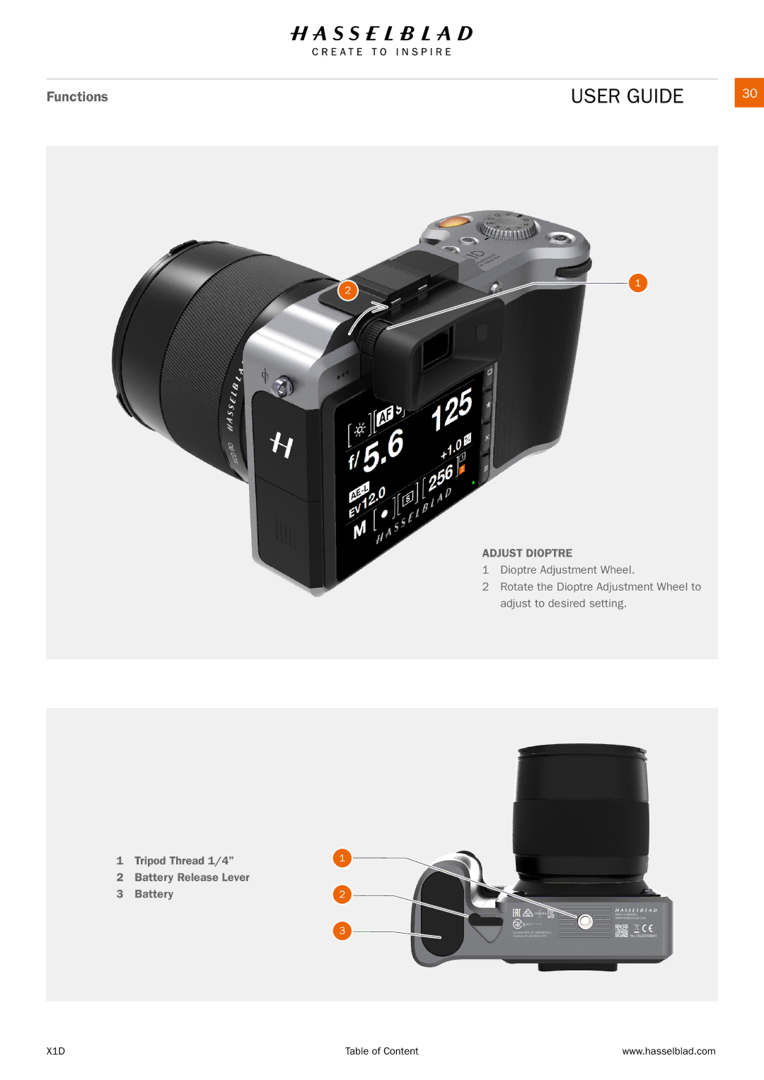 Hasselblad X1D manual Adjust Dioptre 