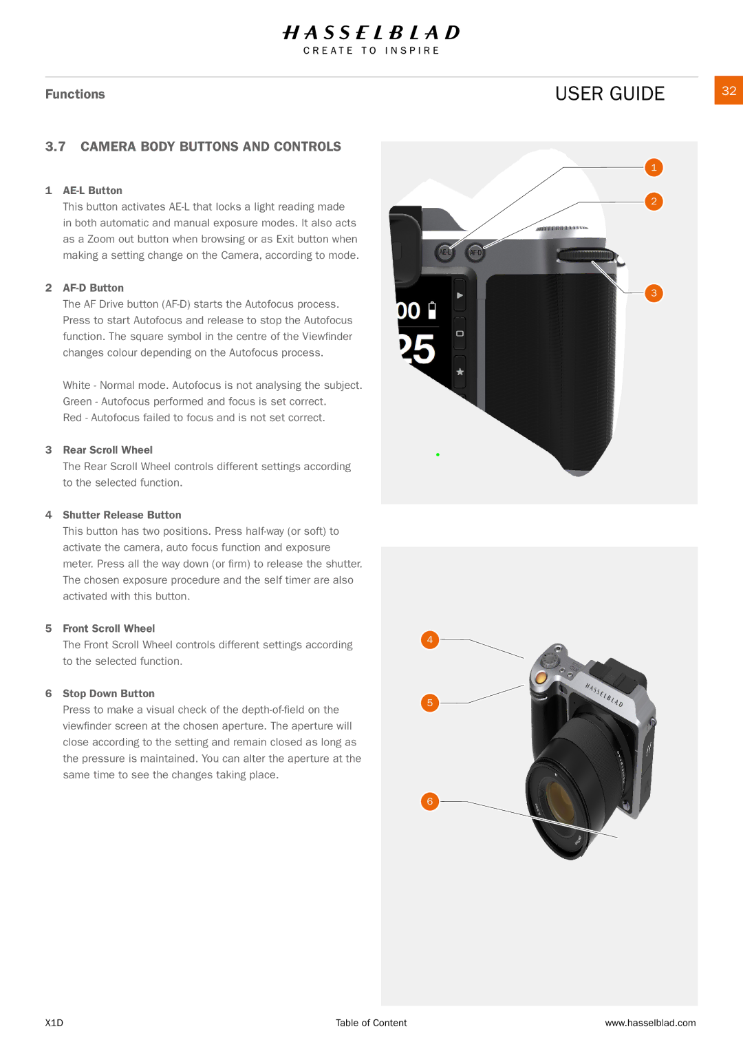 Hasselblad X1D manual Camera Body Buttons and Controls, AE-L Button 