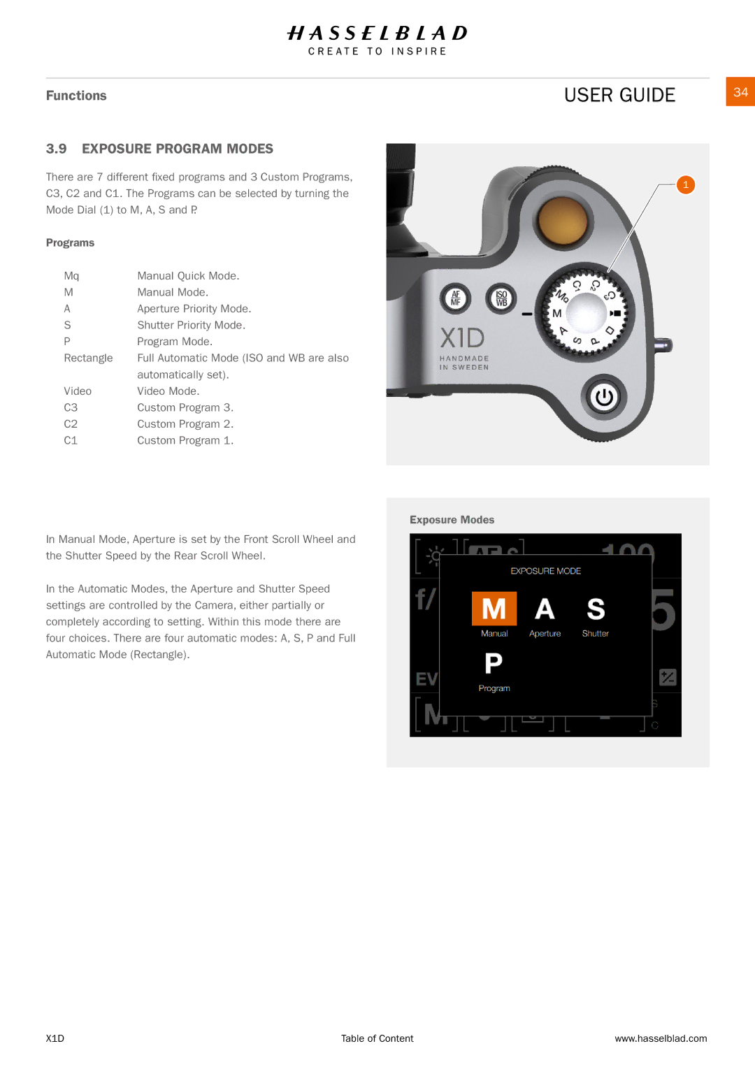 Hasselblad X1D manual Exposure Program Modes 