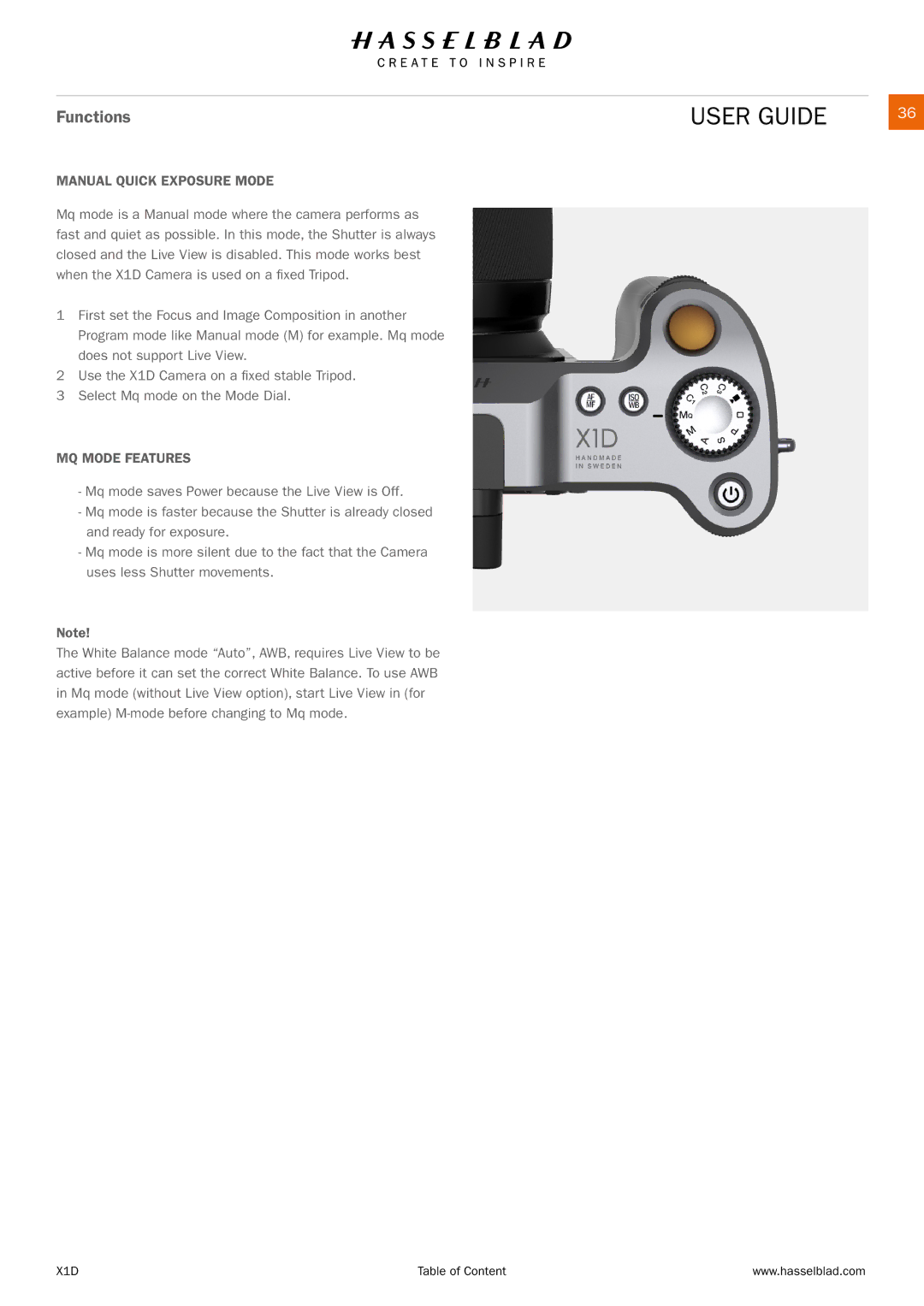 Hasselblad X1D manual Manual Quick Exposure Mode, MQ Mode Features 