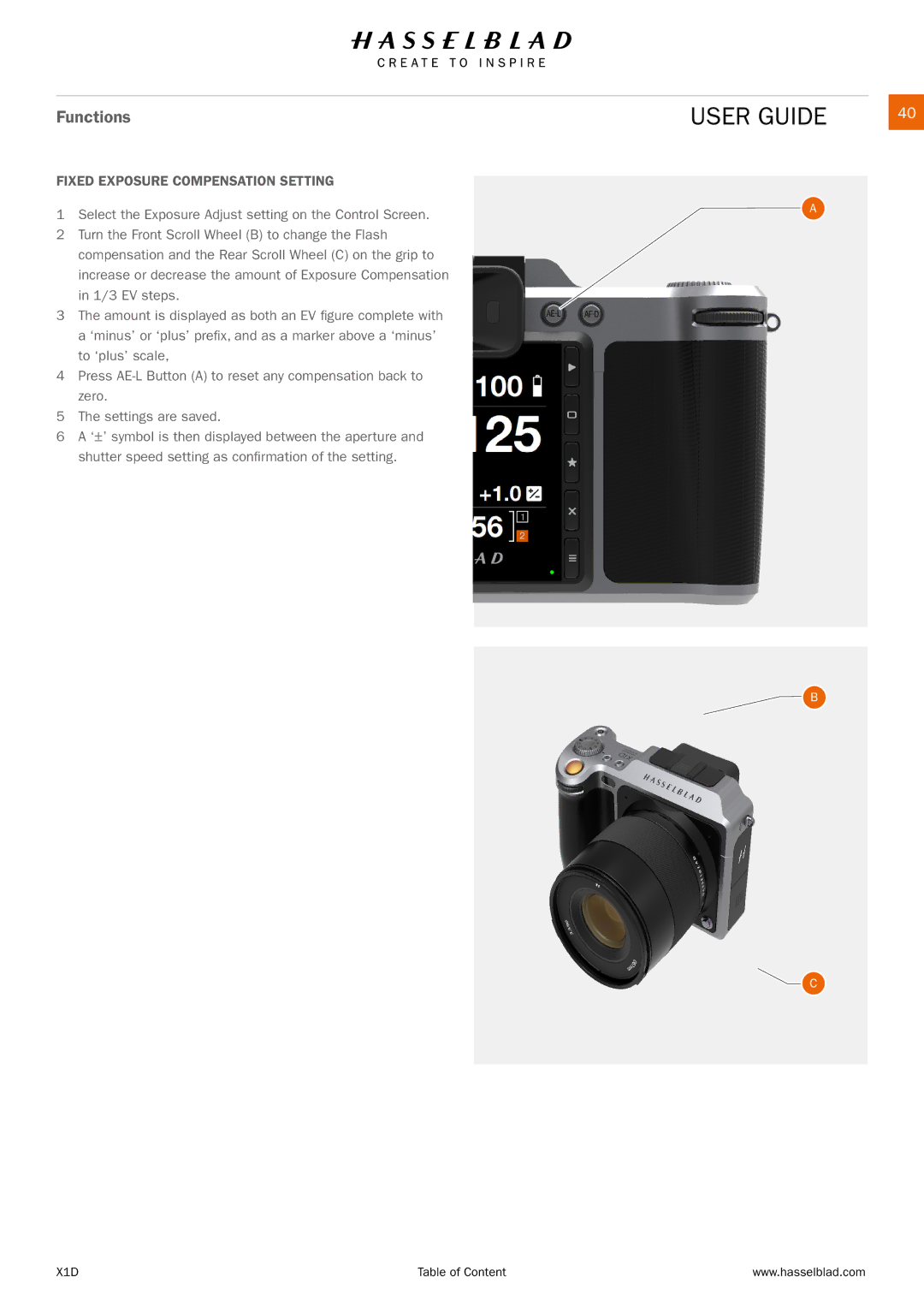 Hasselblad X1D manual Fixed Exposure Compensation Setting 