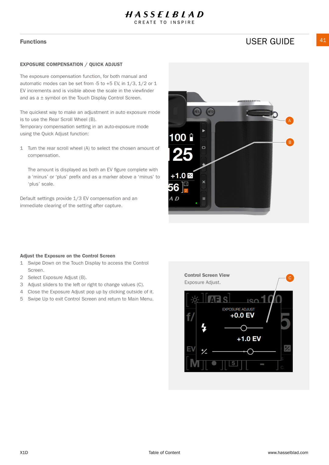 Hasselblad X1D manual Exposure Compensation / Quick Adjust, Control Screen View Exposure Adjust 