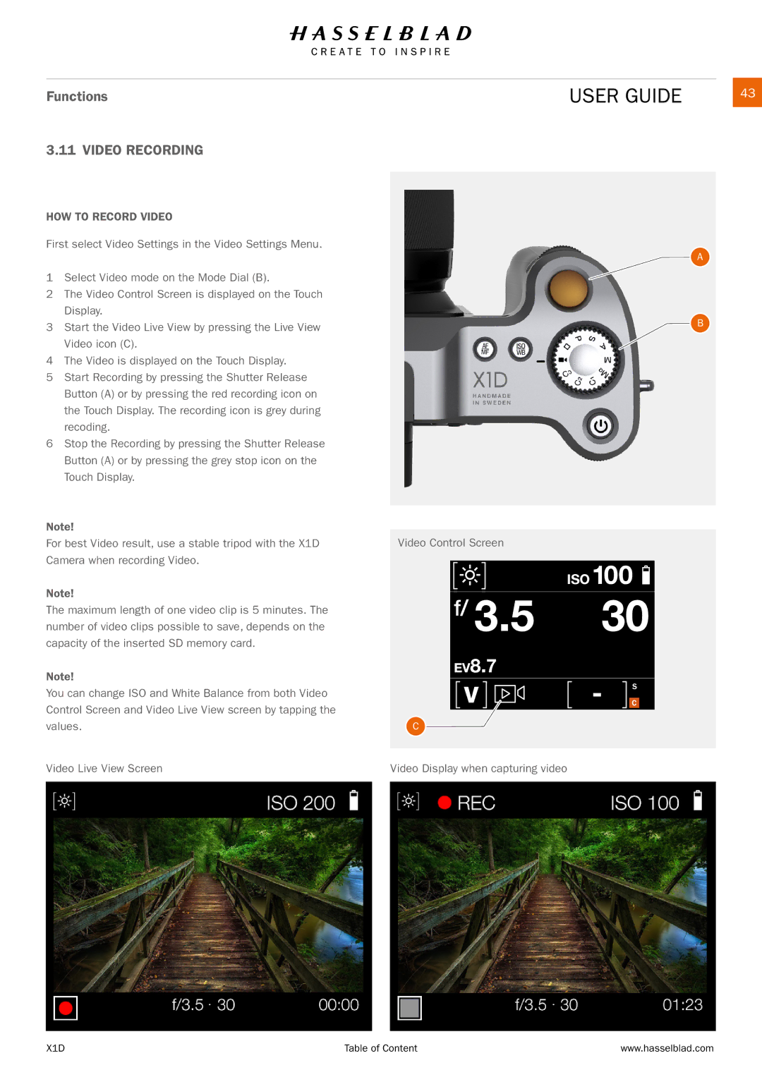 Hasselblad X1D manual Video Recording, HOW to Record Video, Video Display when capturing video 