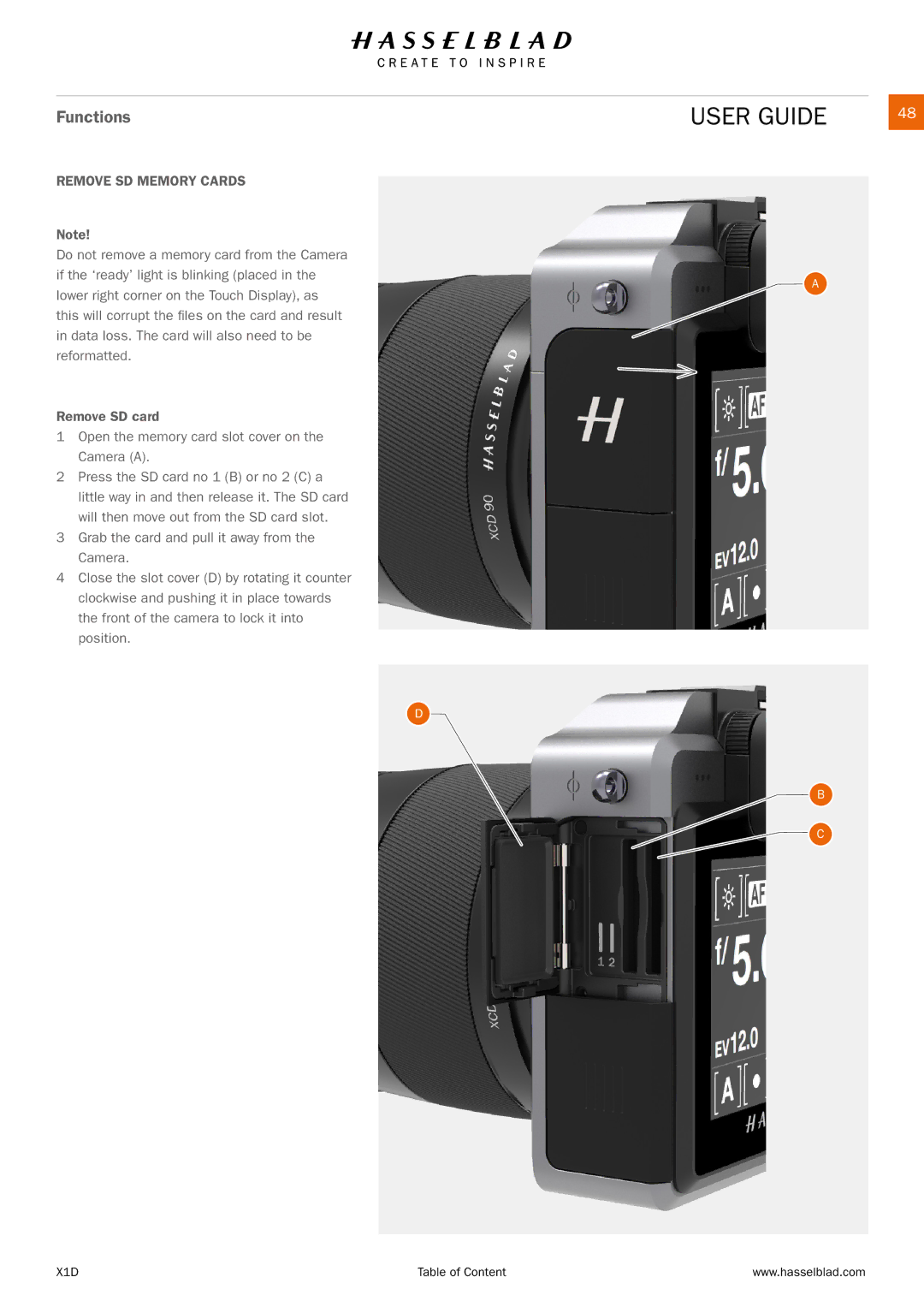 Hasselblad X1D manual Remove SD Memory Cards 