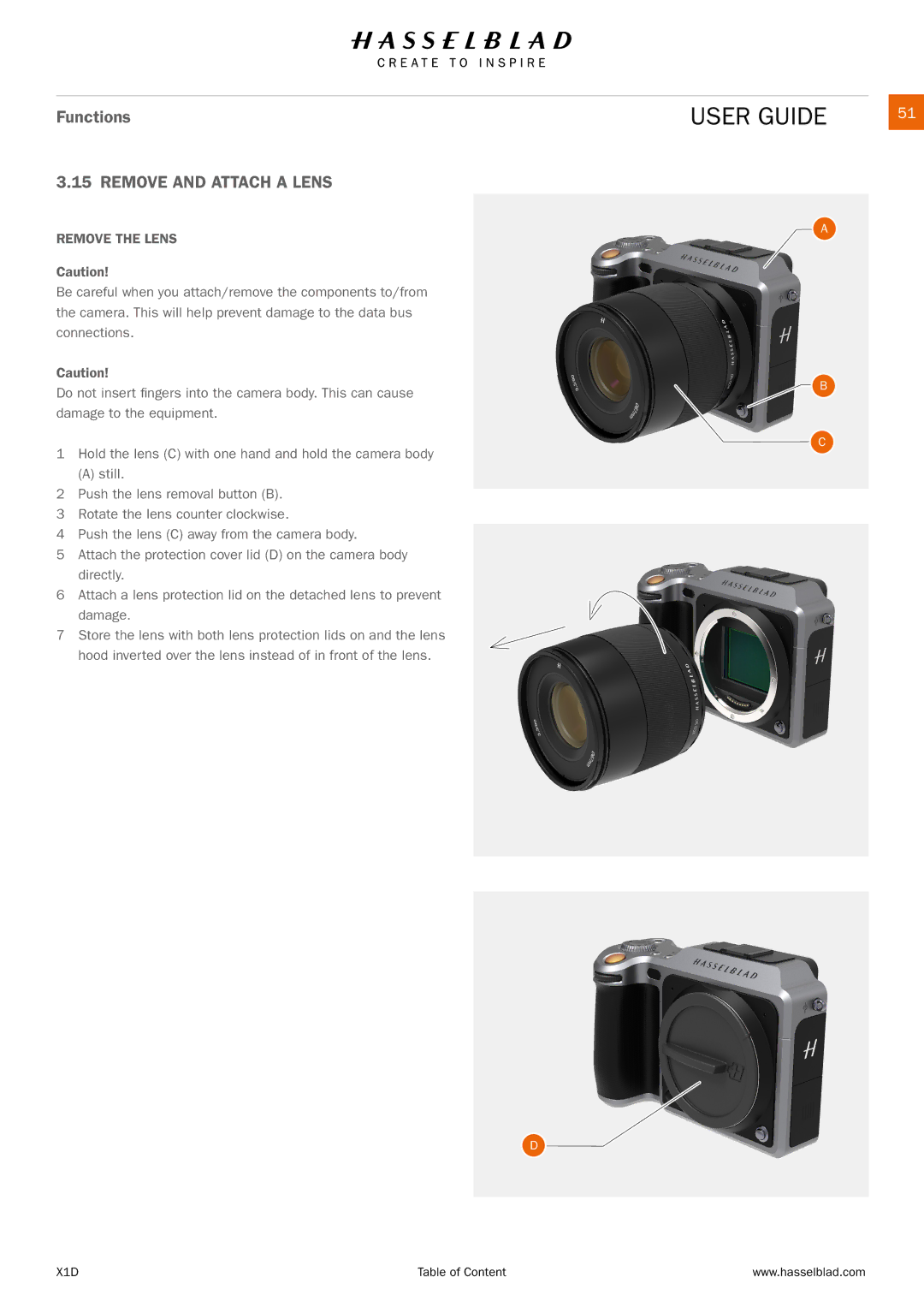 Hasselblad X1D manual Remove and Attach a Lens, Remove the Lens 